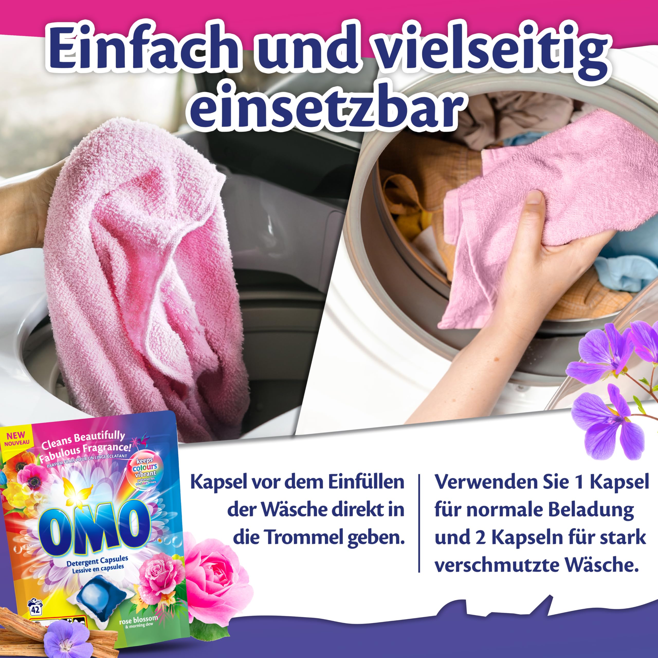 OMO Waschmittel Kapseln Rose Duft | Großpackung | 14T Frische |168 Pods