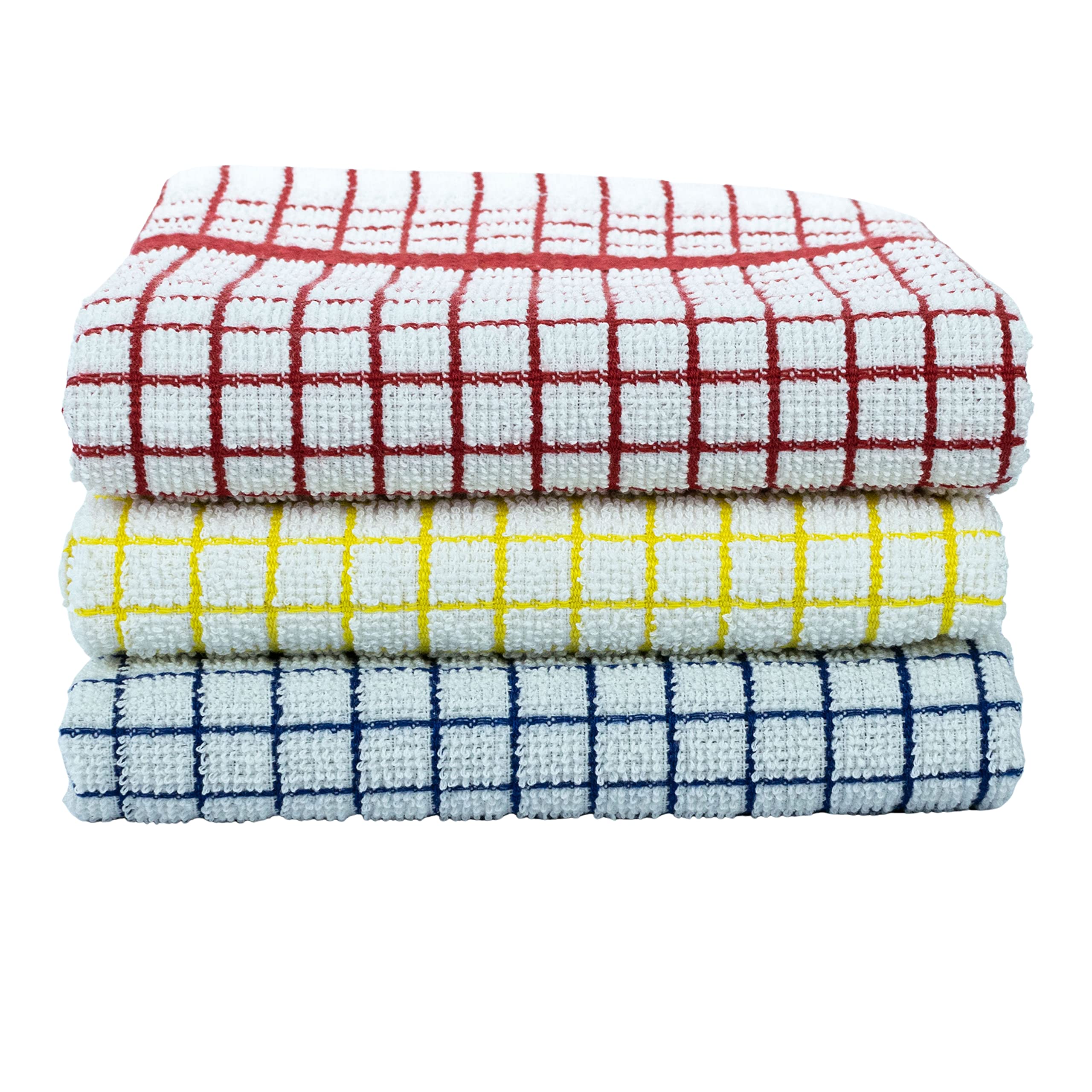 SAMI STUDIOS Extra Large Terry Kitchen Towels Cotton Soft Absorbent Hand Towel for Kitchen Cleaning & Quick Drying of Plates & Glasses, 40 x 70 cm, Mellow Checked Terry Mixed Colors SET of 3