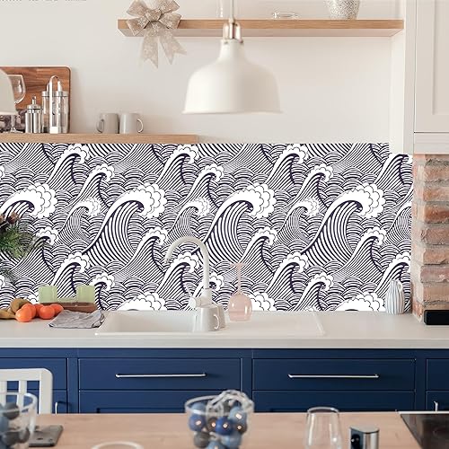 Miniatura 6 de Blooming Wall PS030 - Papel tapiz autoadhesivo con diseño de ondas blancas y azules sin costuras (azul oscuro y blanco)