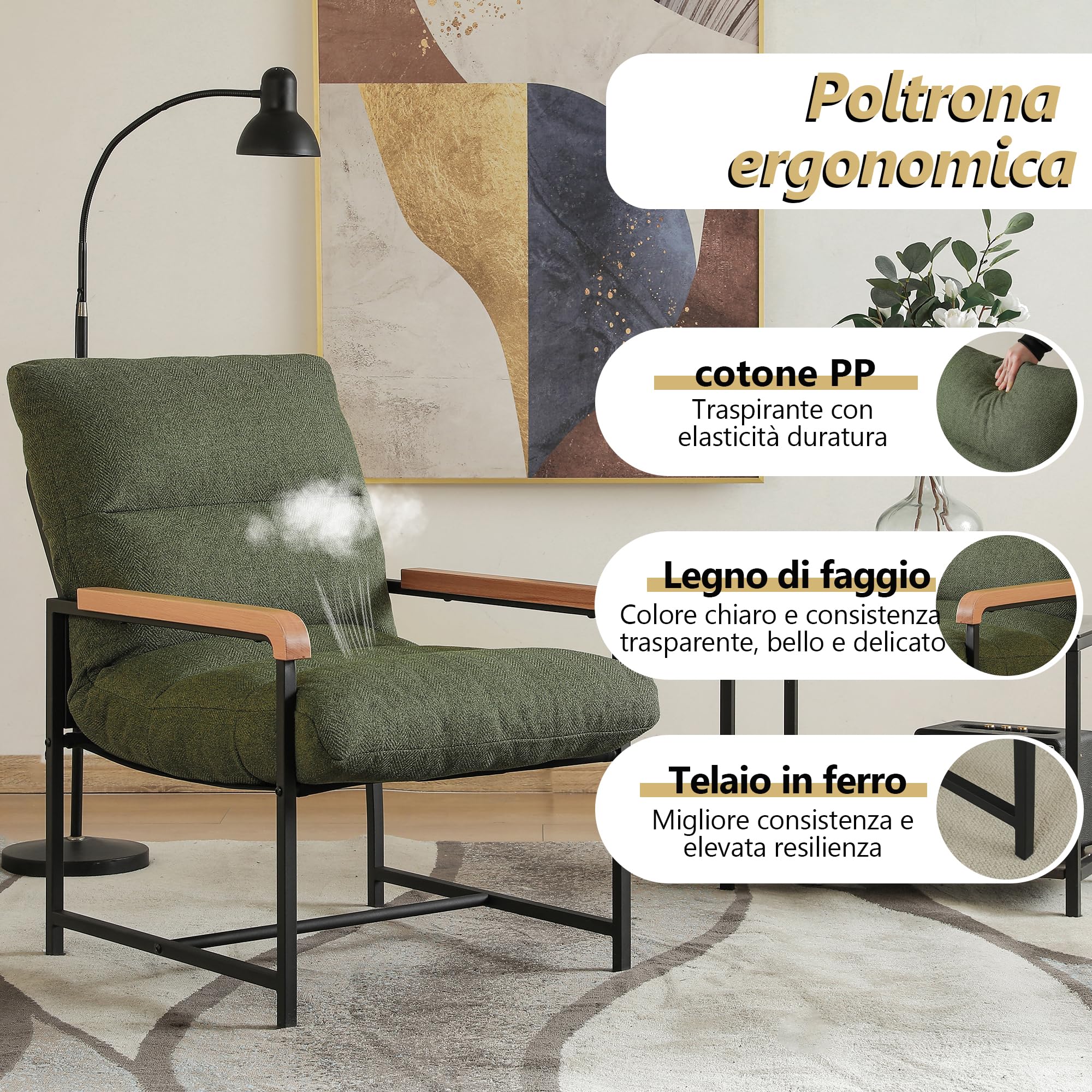 Mingone Sillón con reposabrazos, sillón Acolchado Suave, Silla de cóctel Acolchada Suave, Silla de sofá Individual, Adecuada para Dormitorio, Oficina y Ocio (Verde) | Reposabrazos de madera maciza, sillón tapizado con marco de metal, sillón moderno para s