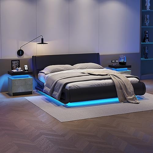 Miniatura 7 de Mesitas de noche LED, mesa auxiliar moderna con 2 cajones, muebles de dormitorio LED para dormitorio y sala de estar, gris 2-Gris,Gris,Negro,negro,