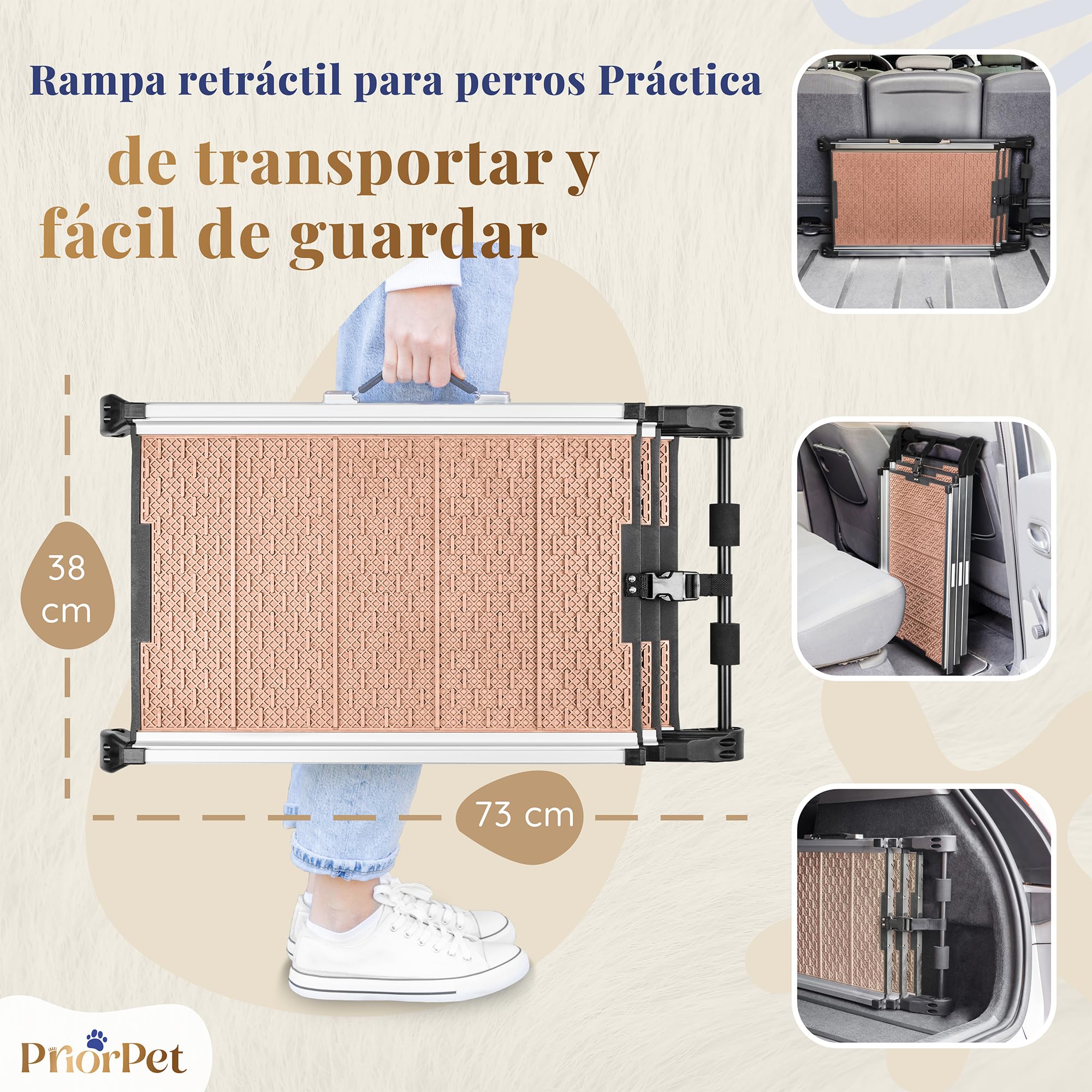 Rampa para Perros para Coche - Estable - Antideslizante - 90 kg de Capacidad - Rampas Extensibles para Perros Grandes - Laterales Reflectantes - Escalera Ligera para Perros - Clip de fijación - Arena