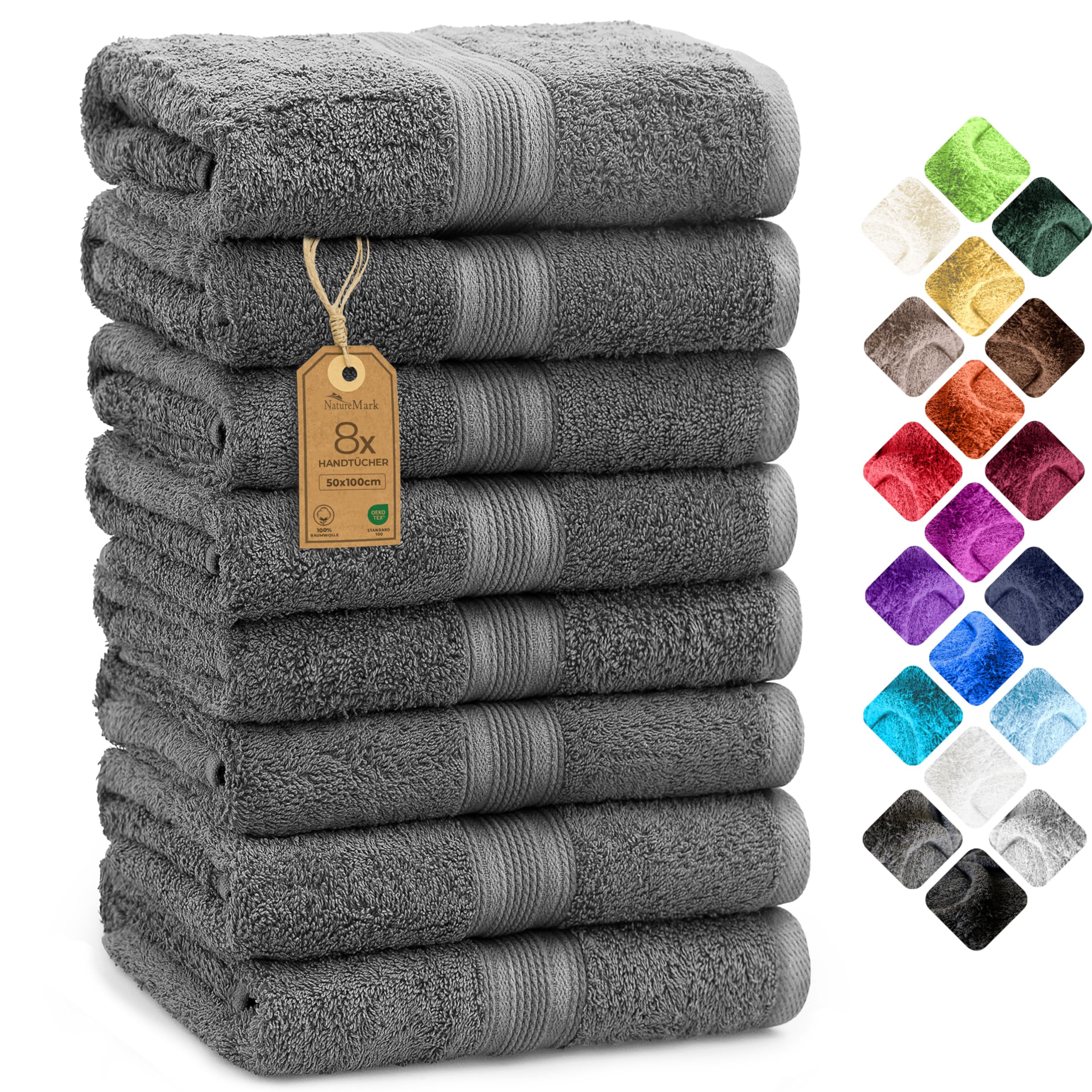 NatureMark 8 Handtücher Set - 100% Baumwolle - Saugfähige und langlebige Handtücher, Größe 50×100 cm, Anthrazit Grau