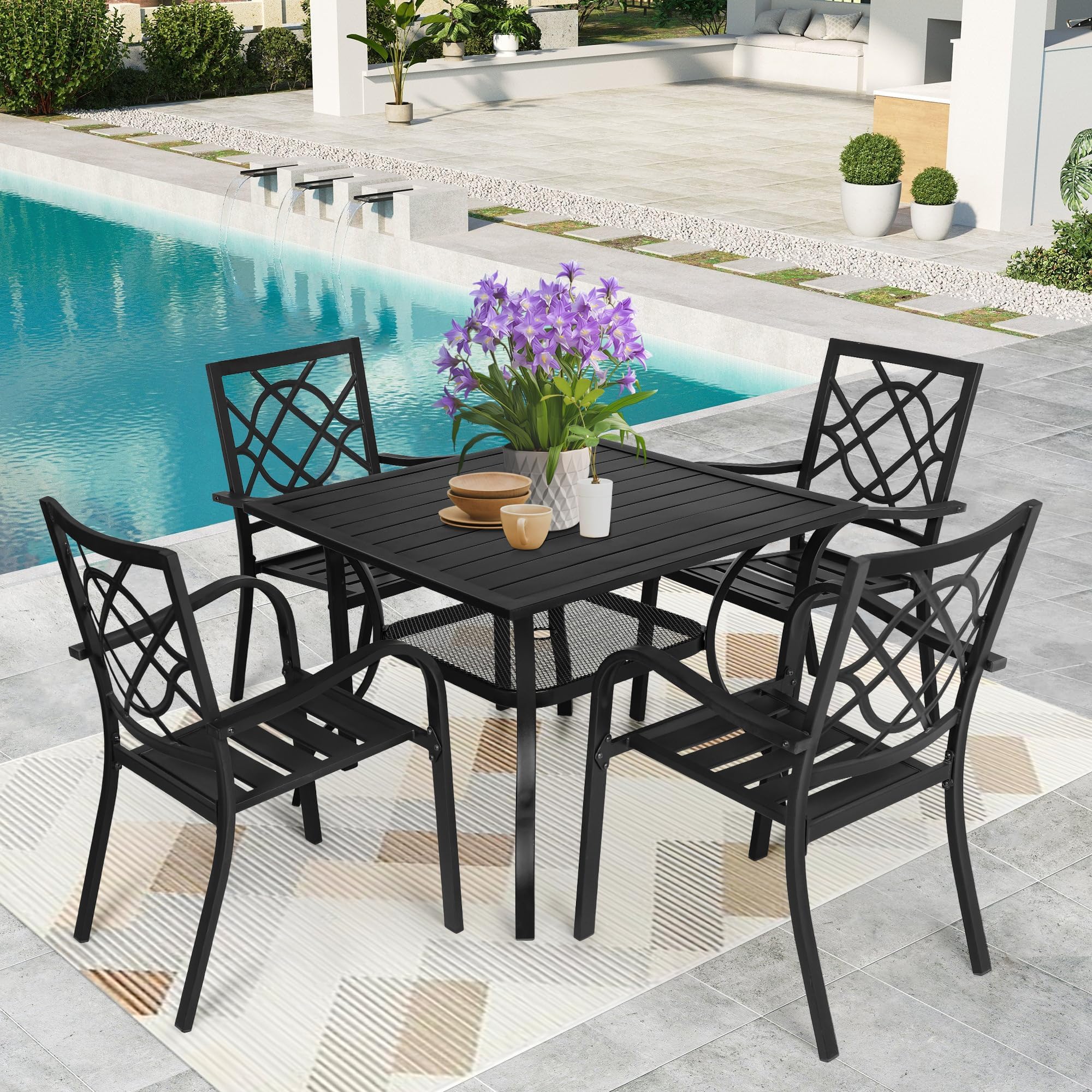 5-Piece Outdoor Wrought Iron Chairs and Table Patio Dining Furniture Set - 4 Stackable Metal Chairs, 1 Steel Slat Bistro Table for Garden Backyard Deck