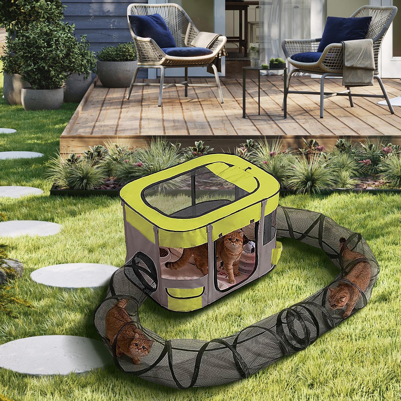 Katzengehege mit Tunnel | Tragbares Tunnelzelt für kleine Tiere | einfache Installation, großer Raum für Garten Balkon