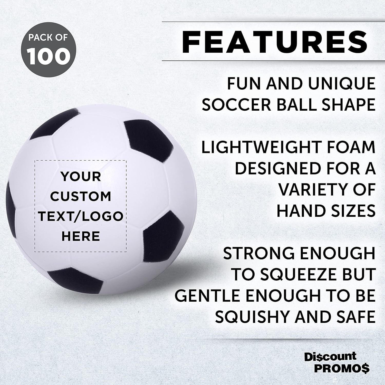 DISCOUNT PROMOS Custom Soccer Ball Shaped Squeeze Balls Set of 100, Personalized Bulk Pack - Perfect for Promotional Giveaways - White