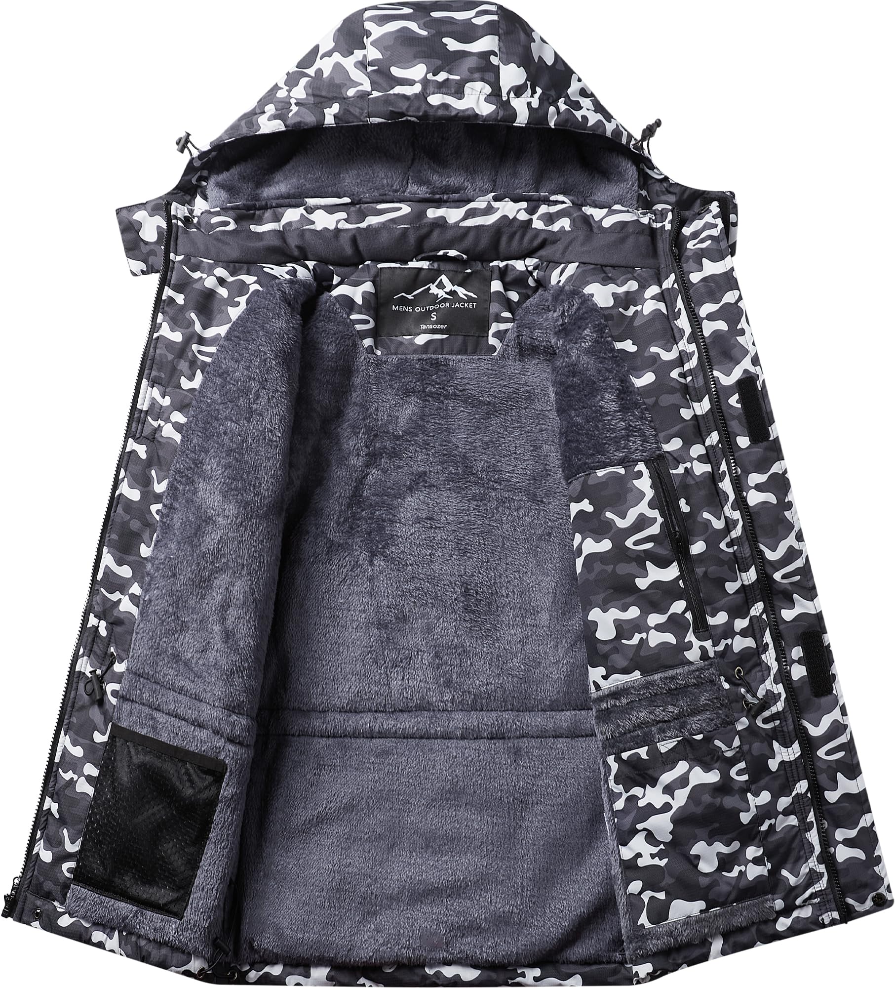 Tansozer Herren Wind- und Wasserdichte Winterjacke Warme Skijacke Gefütterte Outdoorjacke mit Abnehmbarer Kapuze (Camouflage Schwarz, L)