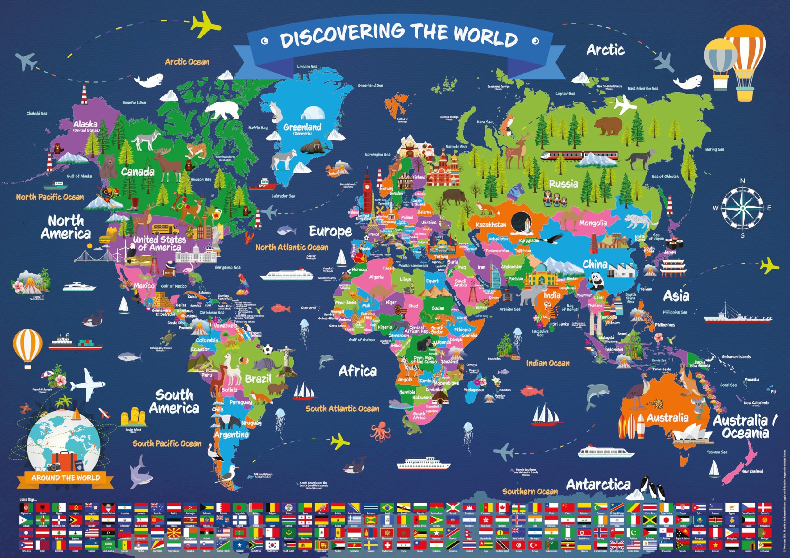 World Map Poster for Kids | Large Educational Wall Map with Countries and Flags