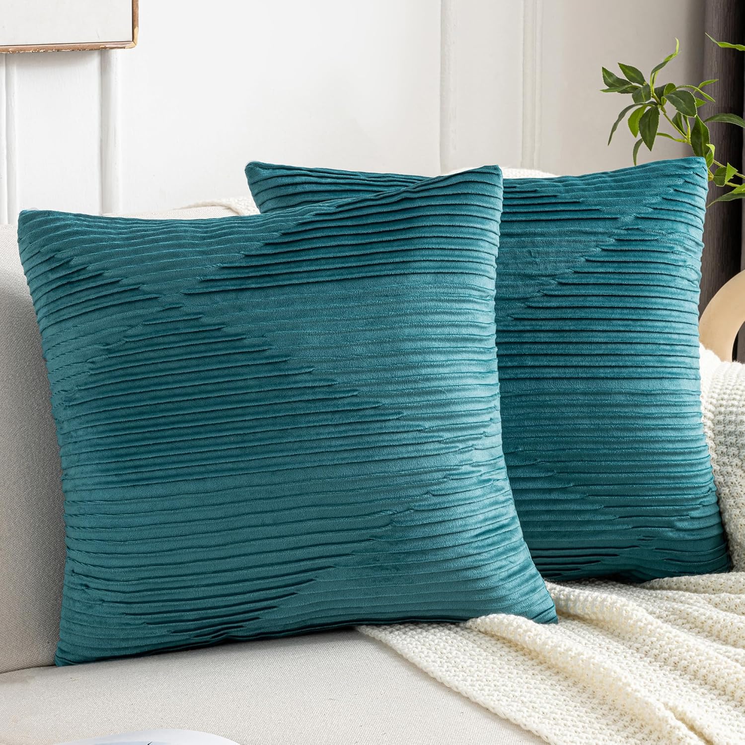 JELLYMONI Pack of 2 Velvet Pillow Covers 18x18 Inch, Pleated Decorative Pillow Covers for Living Room Bed Sofa Couch, Luxury Home Decor (18x18,Lake Blue) Lake Blue 18" x 18" (Pack of 2)