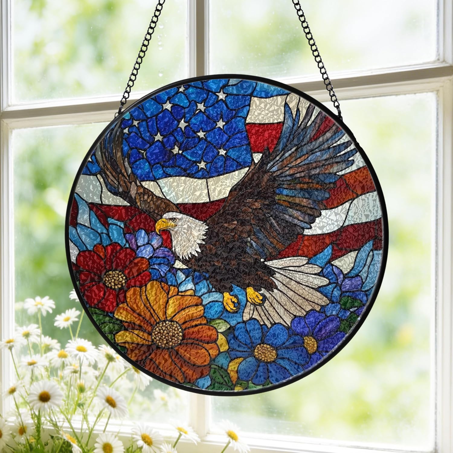 Patriotic Eagle American Flag Stained Glass Window Hanging Suncatchers Independence Day Bird Floral Glass Panel Hangings American Freedom Fourth of July Gift for Dad Mom Friend Eagle Lovers 11.8inch