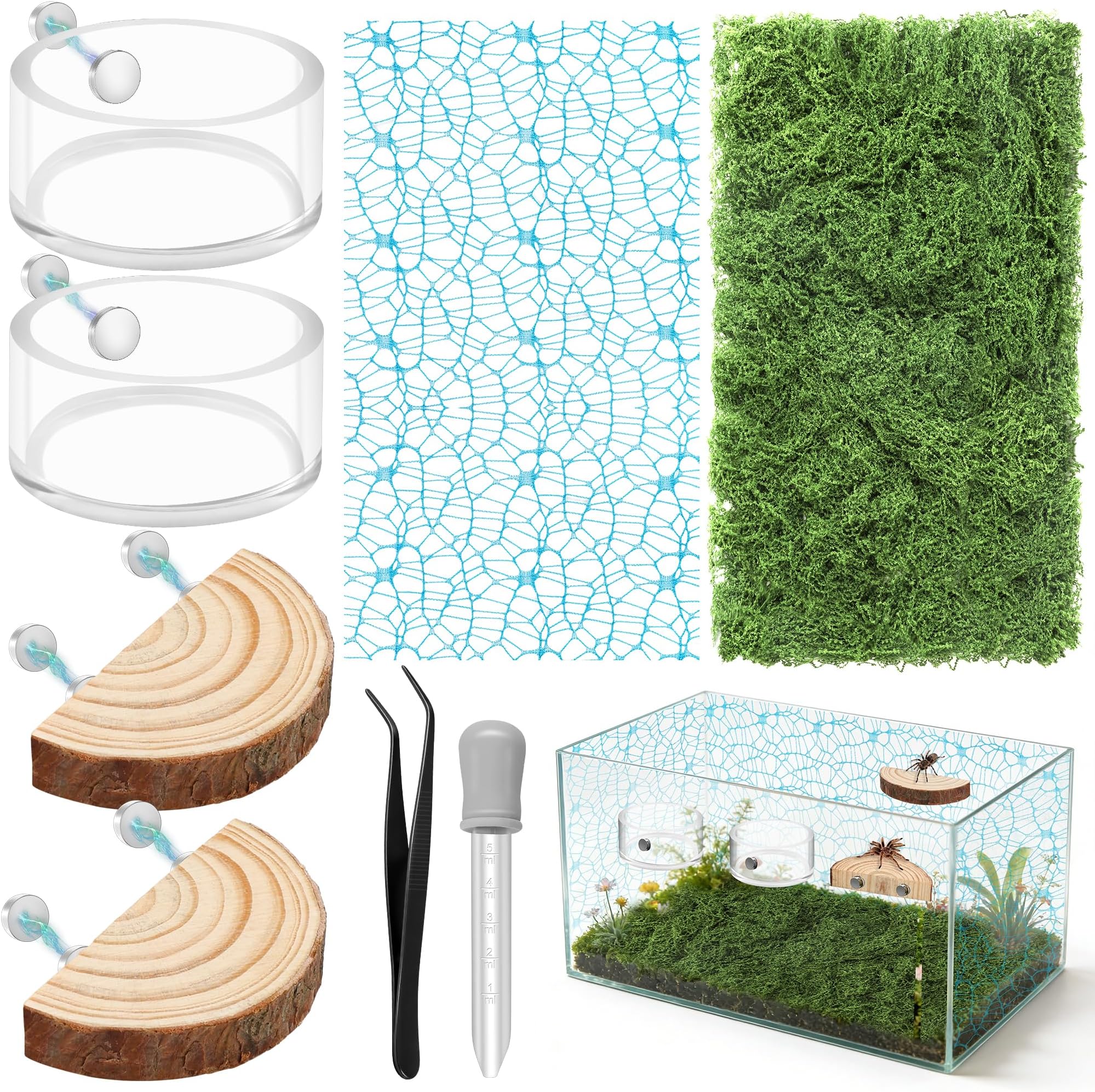 8Pcs Jumping Spider Enclosure Stuff Kit with 2 Jumping Spider Enclosure Ledges 2 Tarantula Feeding Dish 1.8 Ounce Fake Moss 1 Dropper 1 Clamp