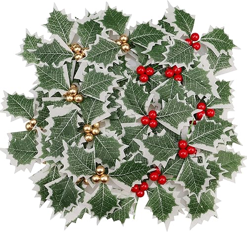 30 bayas artificiales de acebo, bayas falsas con hojas verdes, flores de bayas artificiales para decoración de Navidad, tallos de bayas rojas