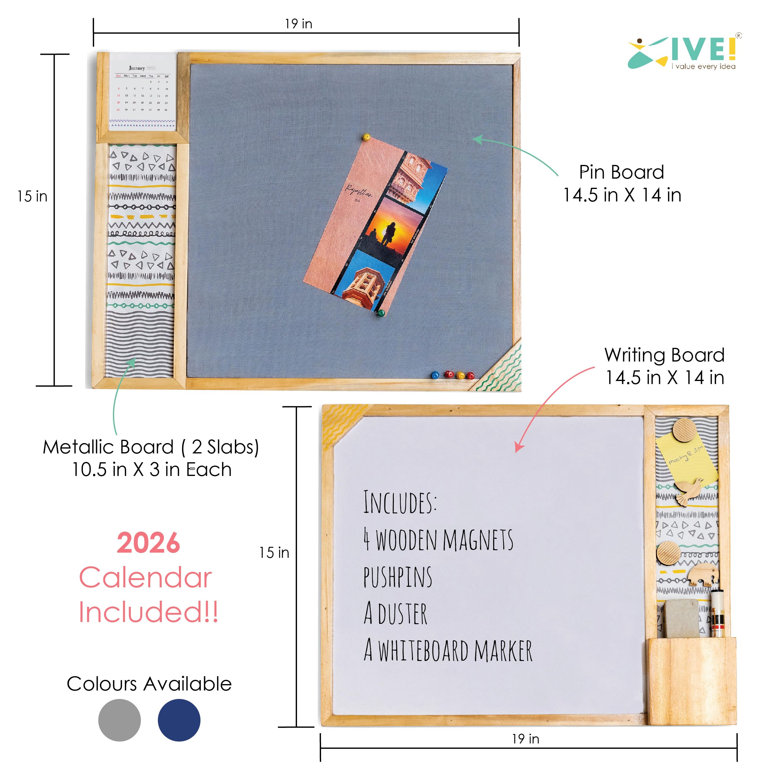 IVEI Metal Board, Pinboard, Whiteboard with Calendar - Set of 2- Grey 2