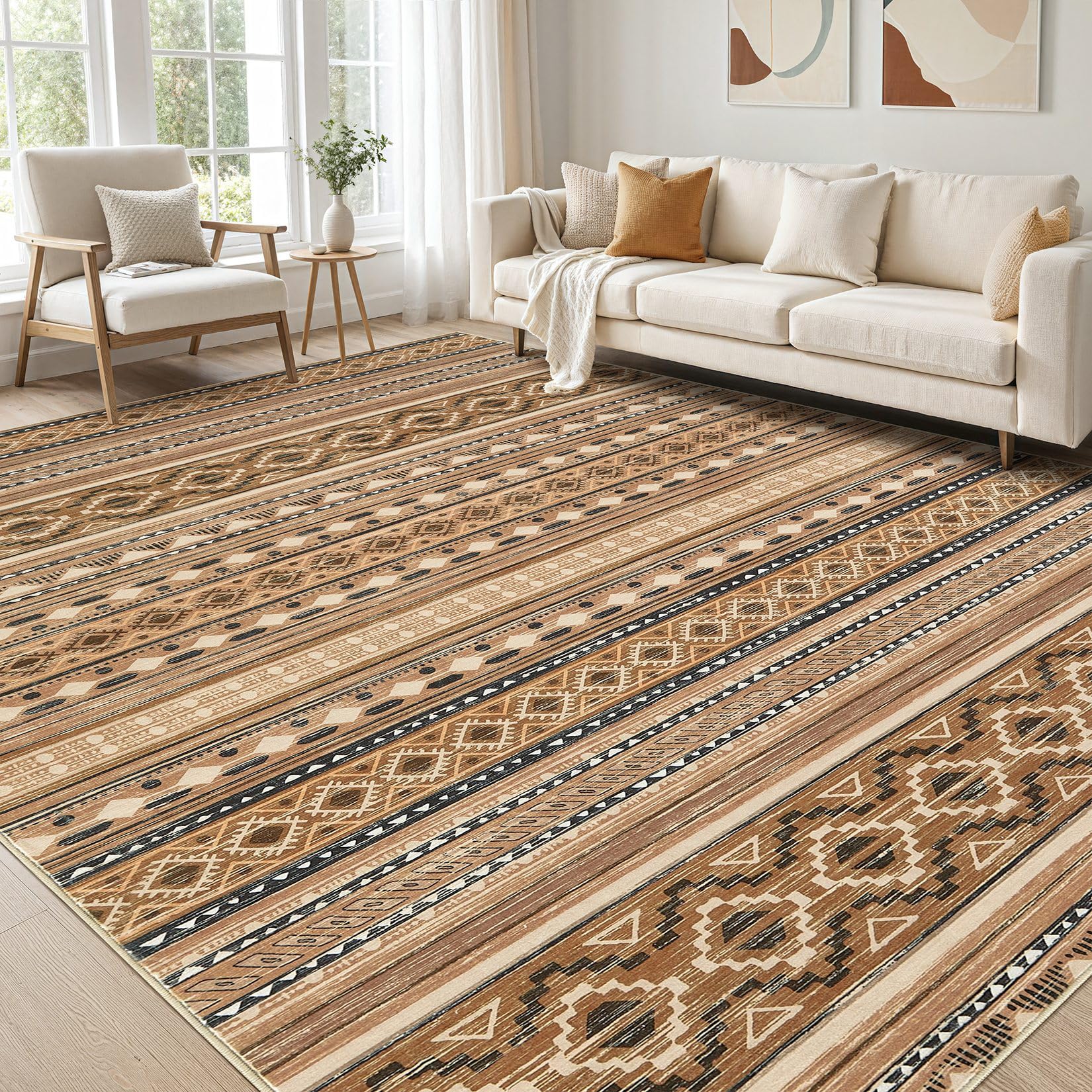 Large Living Room Area Rug 10x12: Soft Machine Washable Boho Moroccan Farmhouse Rugs for Bedroom Under Dining Table - Non-Slip Neutral Morden Indoor Floor Rug Carpet for Home Decor - Brown/Beige