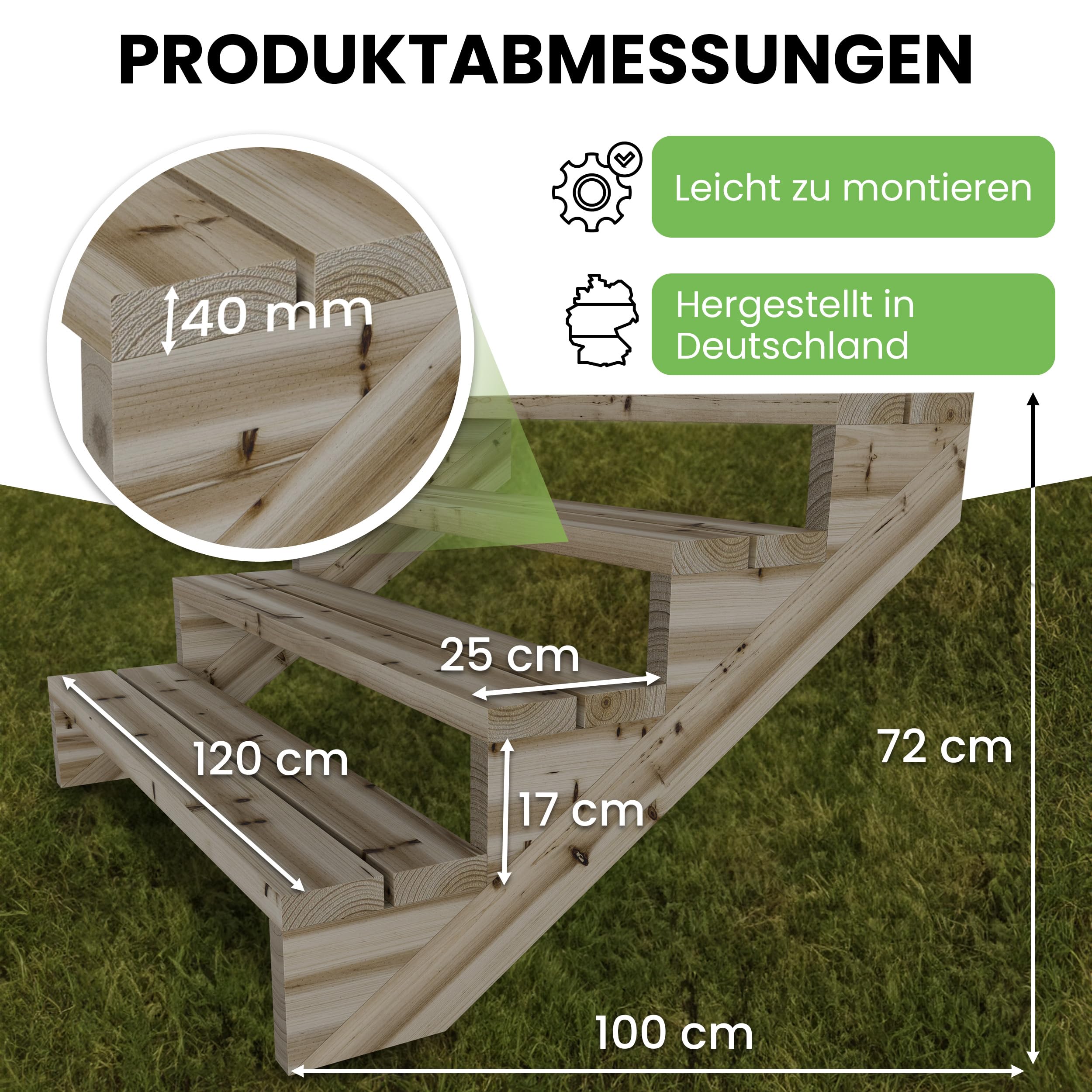 Gartenwelt Riegelsberger Escalera de terraza de pino impregnado – 120 cm de ancho, 4 peldaños, altura total 72 cm, escalera exterior de madera maciza resistente a la intemperie, incluye mejillas