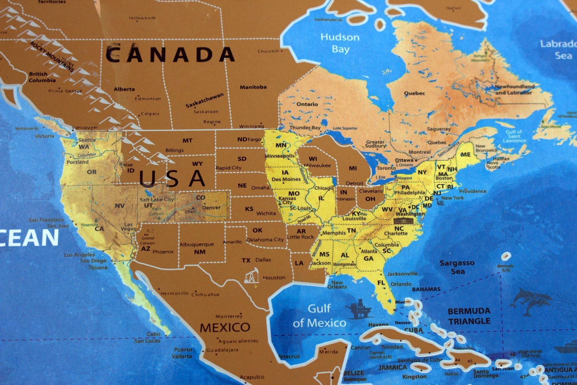 Scratch Off World Map with Country Flags, US States, Australian States and Canadian Provinces On Blue Background. Deluxe Large Detailed Premium Scratch-Off World Map Poster.