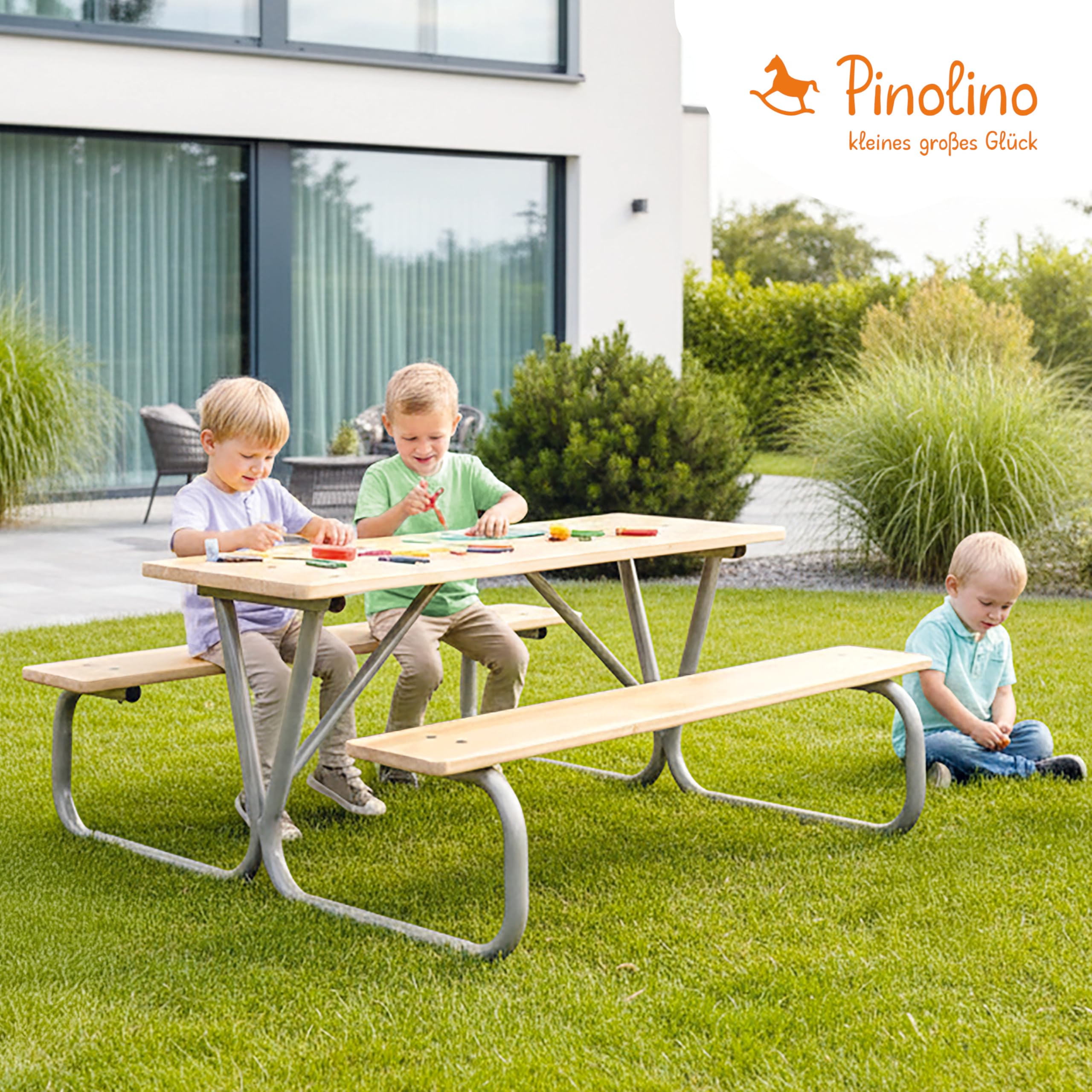 PINOLINO Michel Kindersitzgarnitur - Kinder Sitzgruppe - Kindertisch mit 2 Bänken & 1 Tisch - Kindersitzgarnitur aus Holz - Picknicktisch - Sitzgruppe für Kinder ab 3 Jahre, Grau