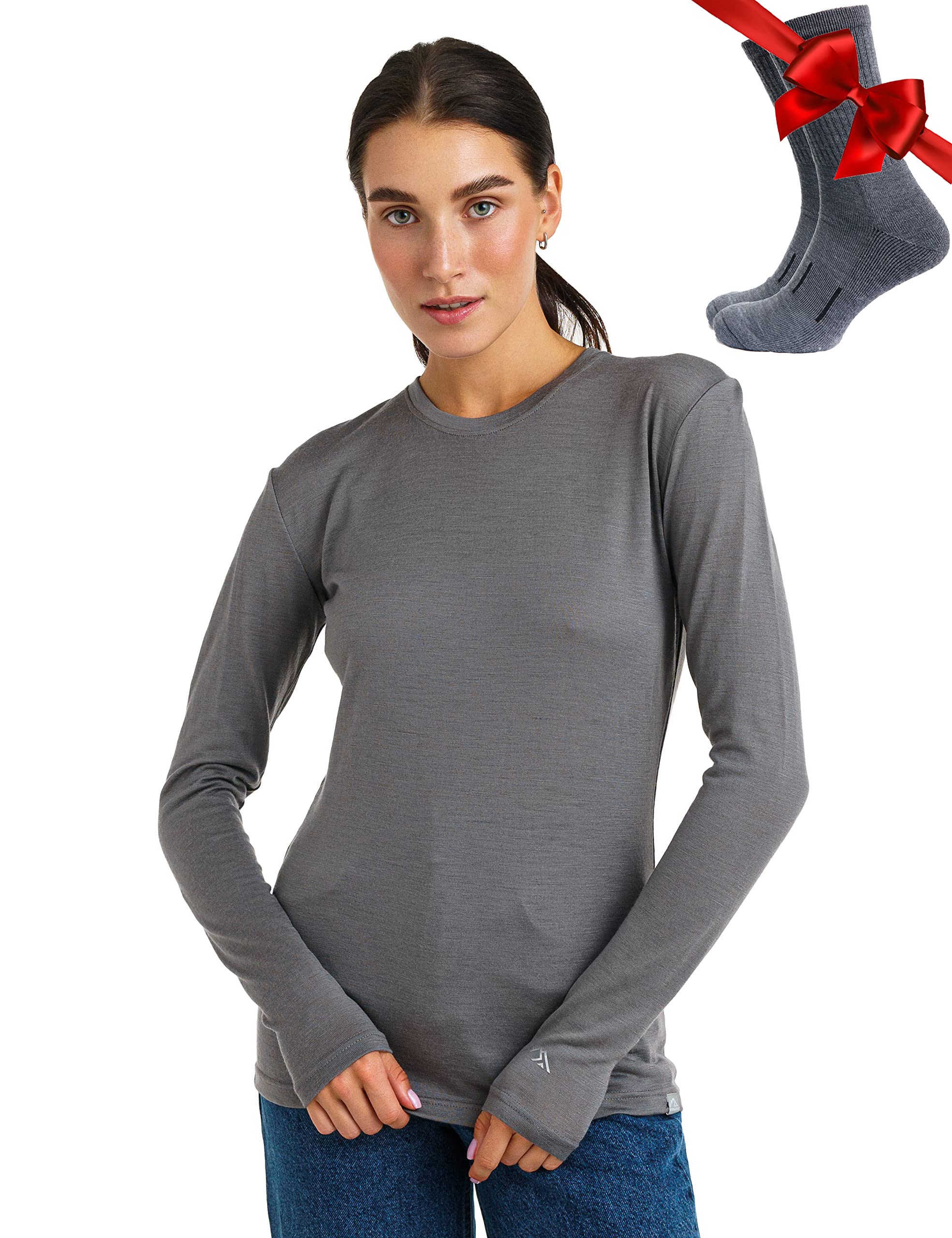 Merino.tech Merino Shirt Damen Langarm – Premium 100% Merino Unterwäsche Damen Langarmshirt, Sportunterhemden + Wollsocken