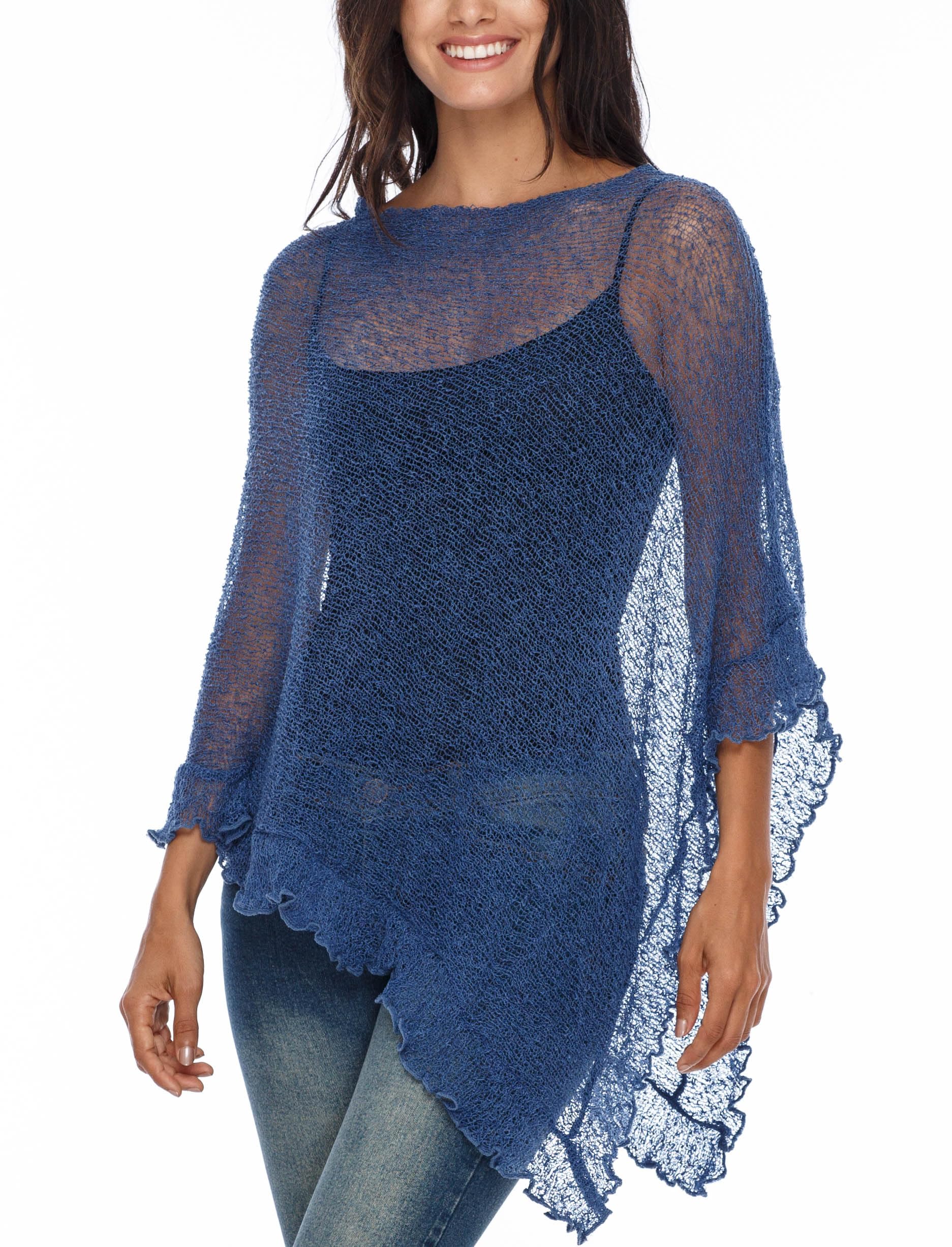 SHU-SHI - Jersey de estilo capa para mujer - Con volante y transparencias - Punto ligero