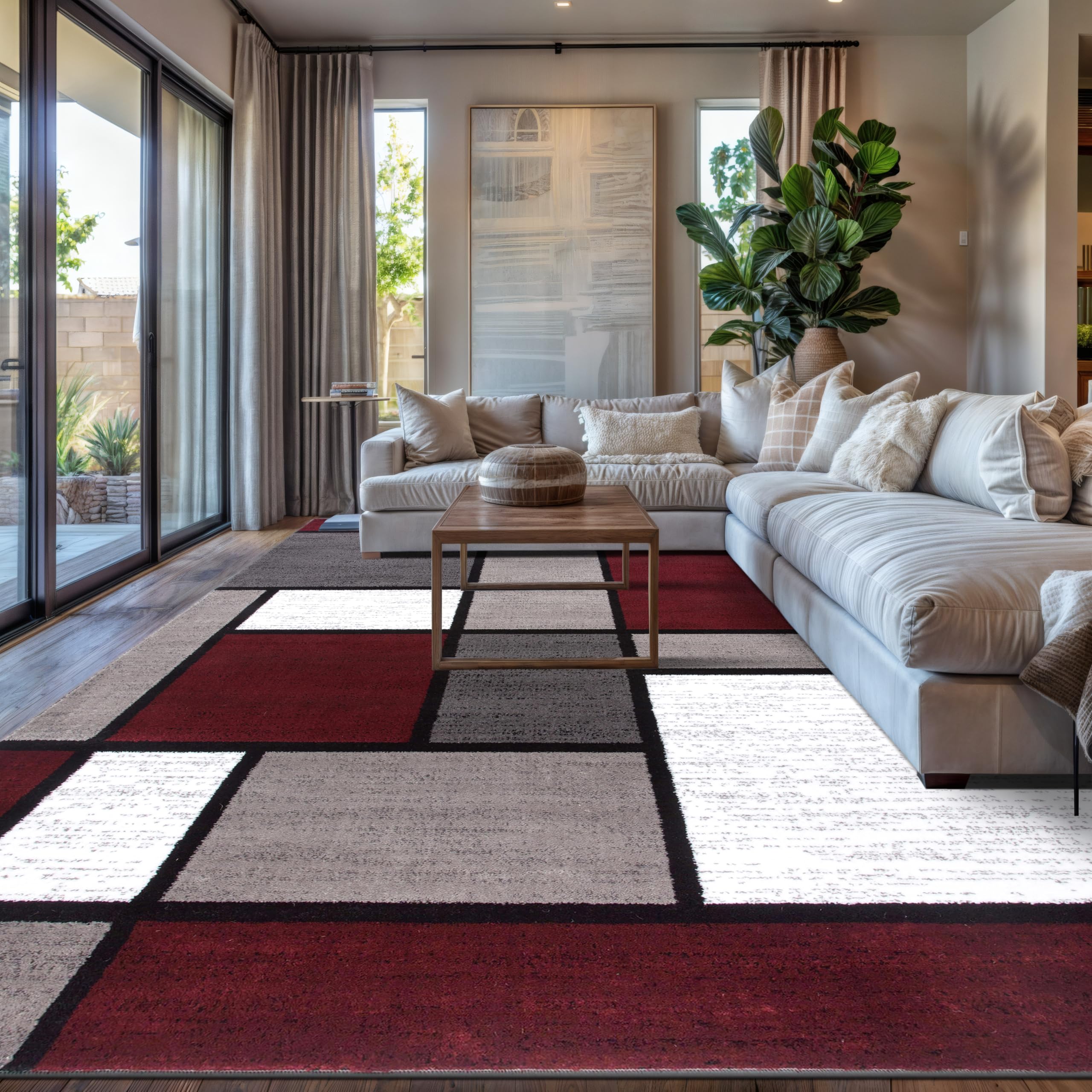 幾何学模様ラグ 240x240cm 赤 グレー Amazon｜Rugshop モダン 幾何学模様 ボックス レッド エリアラグ