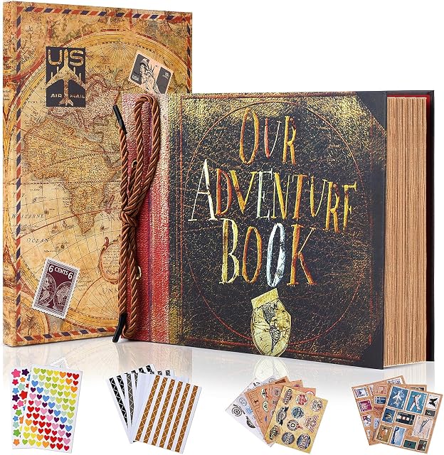 Adventure Livre Journal Photo Scrapbook,Livre d'écran avec couverture dure Film vers le haut Voyage Scrap Book pour anniversaire,Scrapbook ,Don pour couples anniversaire,Wedding,Voyage,Birthday,Noël (Retro Style)