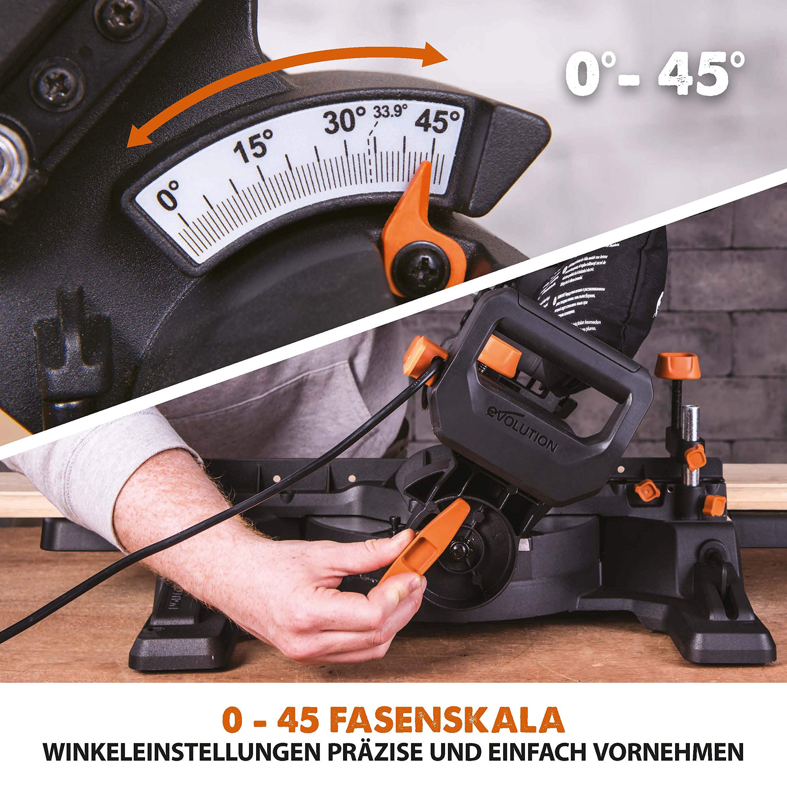 Evolution Schiebe-Kapp- und Gehrungssäge R210SMS-300+ | 1500 W, 300 mm Gleitfunktionalität, Schrägschnitt, Gehrungswinkeln | Ø 210 mm HM TCT Sägeblatt für Multimaterialschnitt | Zug-kapp-gehrungssäge