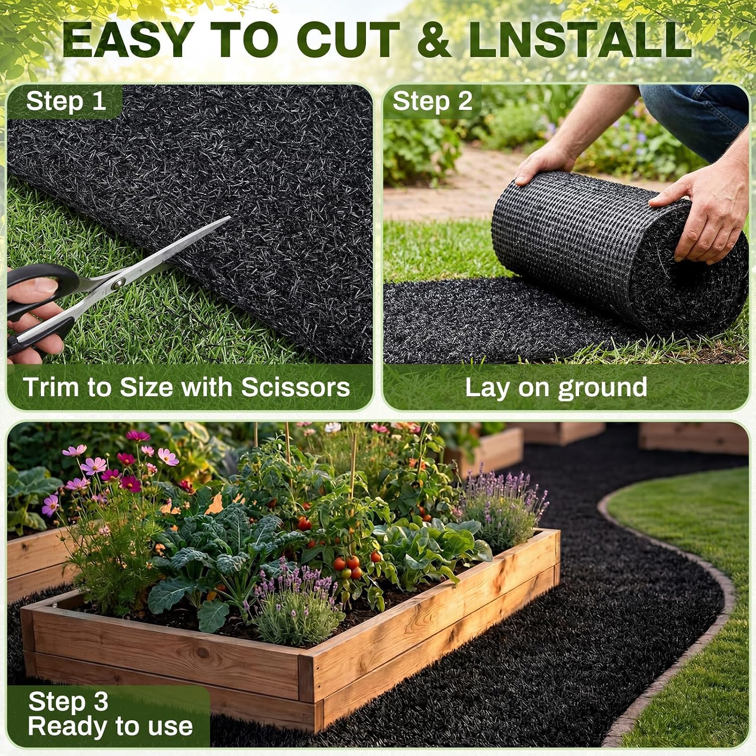 Nuanchu 1.33 x 20 ft Recycled Rubber Walkway, Black Rubber Mulch Mat Roll for Landscaping Outdoor, Imitation Grass Design Natural Looking Mulch Solution for Garden Pathway, Barrier & Edging Border