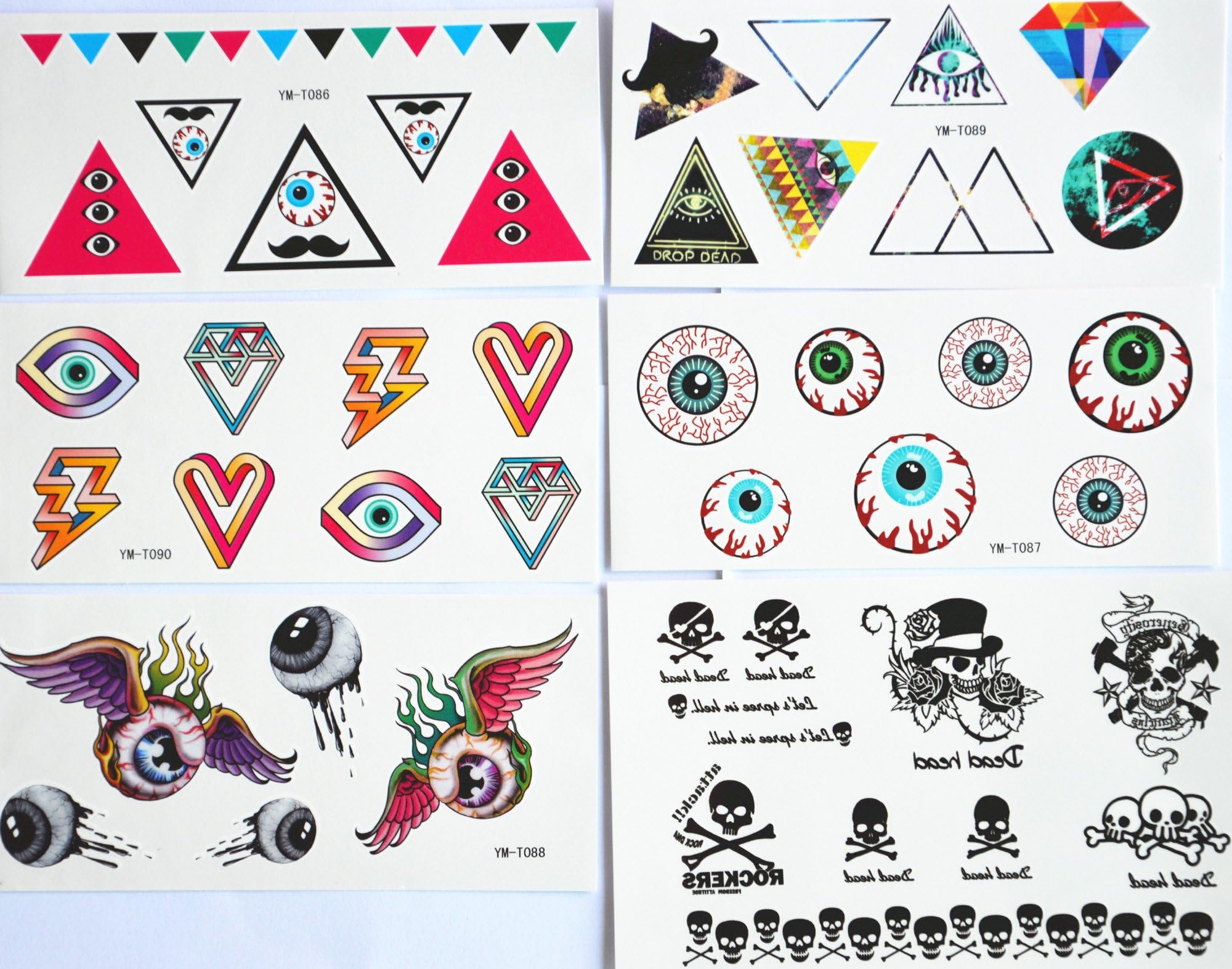 GGSELL GGSELL fashion design hot selling temporary tattoo stickers combination 6pcs/package different designs, it includes different eyes/Graphic/signs/skull/bone/etc.
