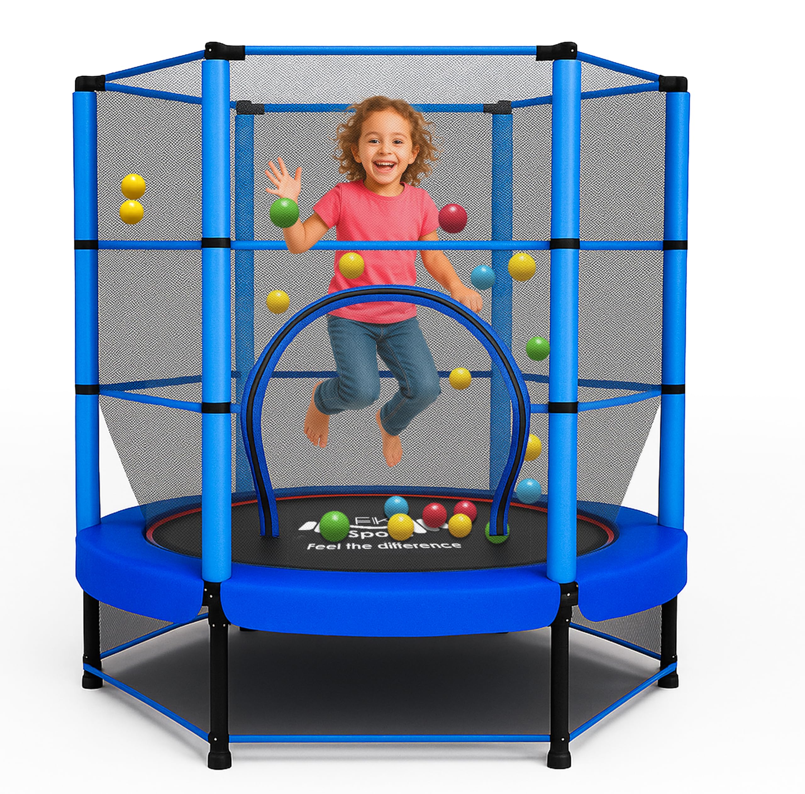 FK Sports 55" Rebounder Trampoline for Toddlers and Kids With Safety Enclosure Net, Bungee, Anti-Skid Pad & Steel Frame - Indoor & Outdoor Mini Trampoline for Ages 1-11