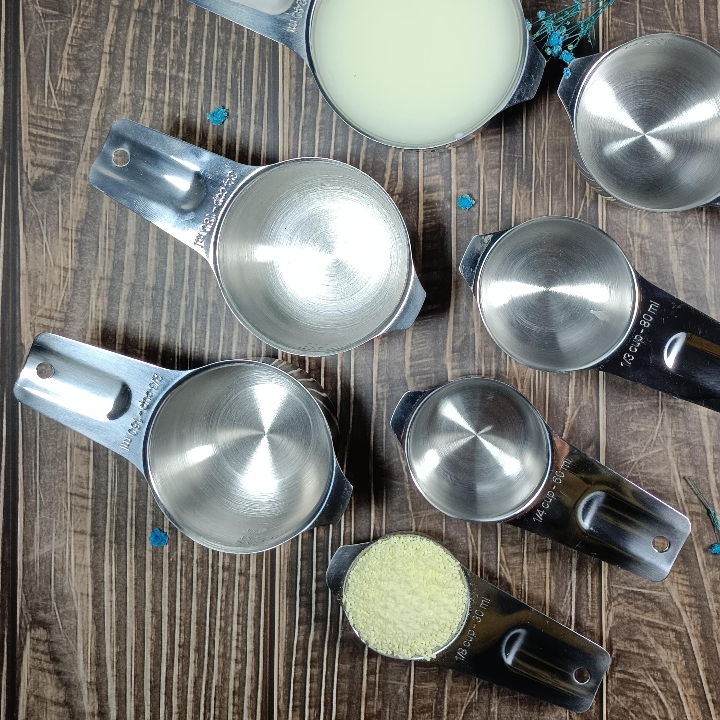 Messbecher-Set, 18/8 Edelstahl, Messbecher-Set mit 7 Messbechern zum Trocknen & Flüssigkeit, metrische & US-Nesting-Messwerkzeuge für Küche & Backen