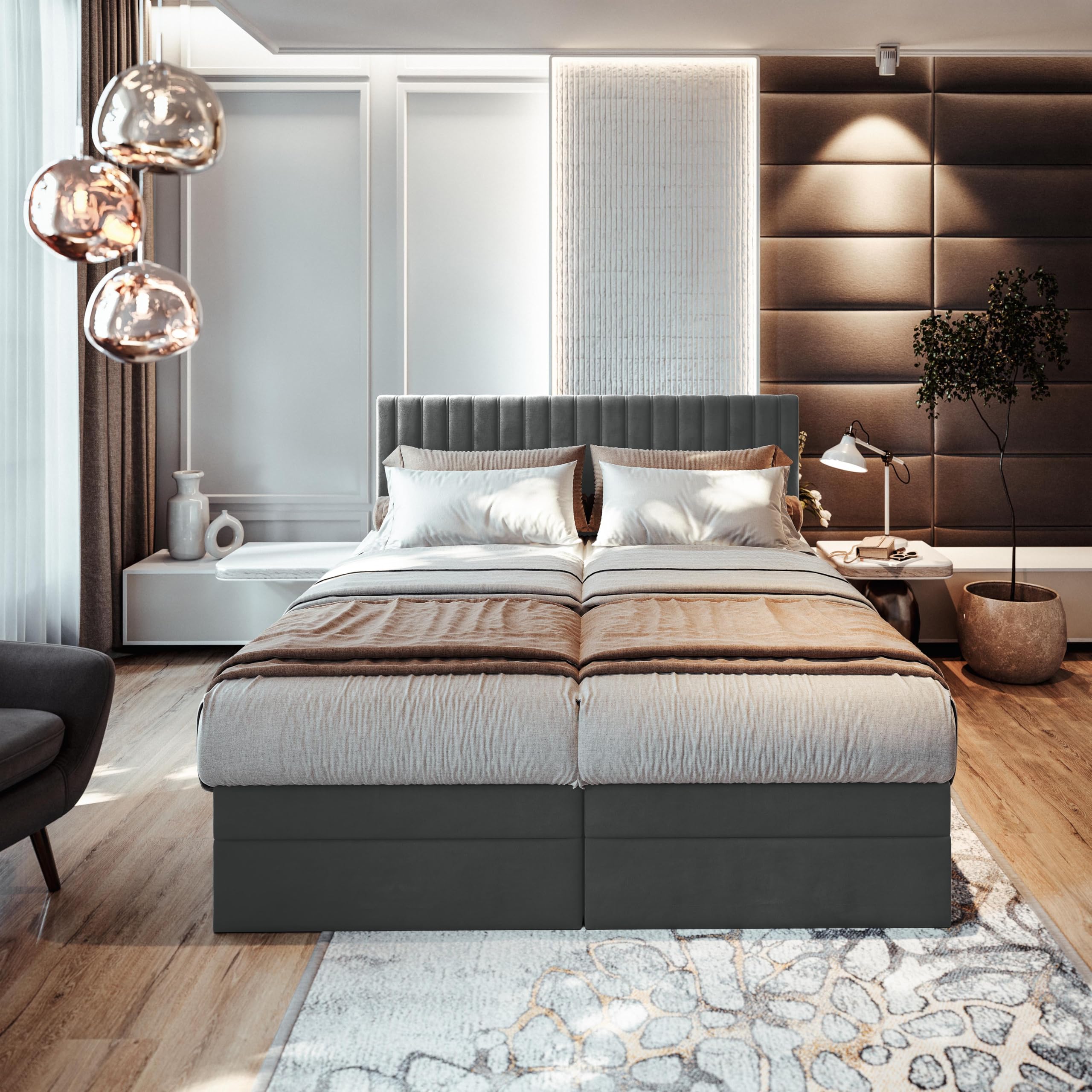 TRADA Lit Adulte ADÈLE - Ensemble Matelas+sommier Relaxation électrique avec Matelas Ressorts ensachés, Rangement et surmatelas en Tissu Velours (Gris foncé, 160 x 200)