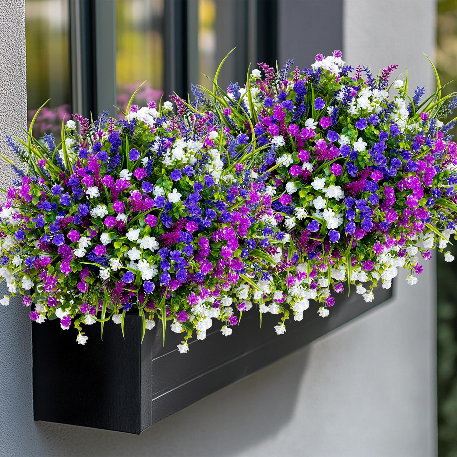 AXYLEX Artificial Flowers for Outdoors Fake Plants - 12 Bundles Faux Outside Greenery Boxwood No Fade Plastic Shrubs Home Decor Farmhouse Garden (Mixed, 3 Colors Magenta Purple White)
