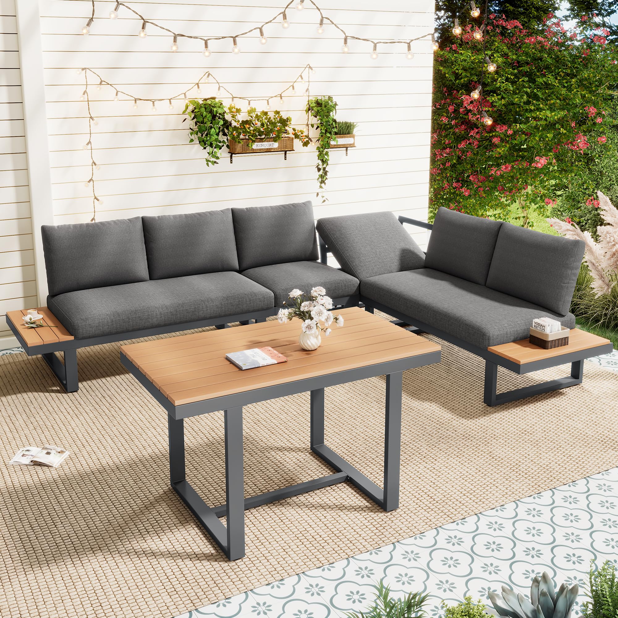 Salon de Jardin Exterieur 6/8 Personnes avec Fonction d'inclinaison Réglable(5 Positions, Jusqu'à 55°), Canapé d'angle Jardin Exterieur avec Plateau en Bois, 1 Table de Jardin Basses, Noir et Gris