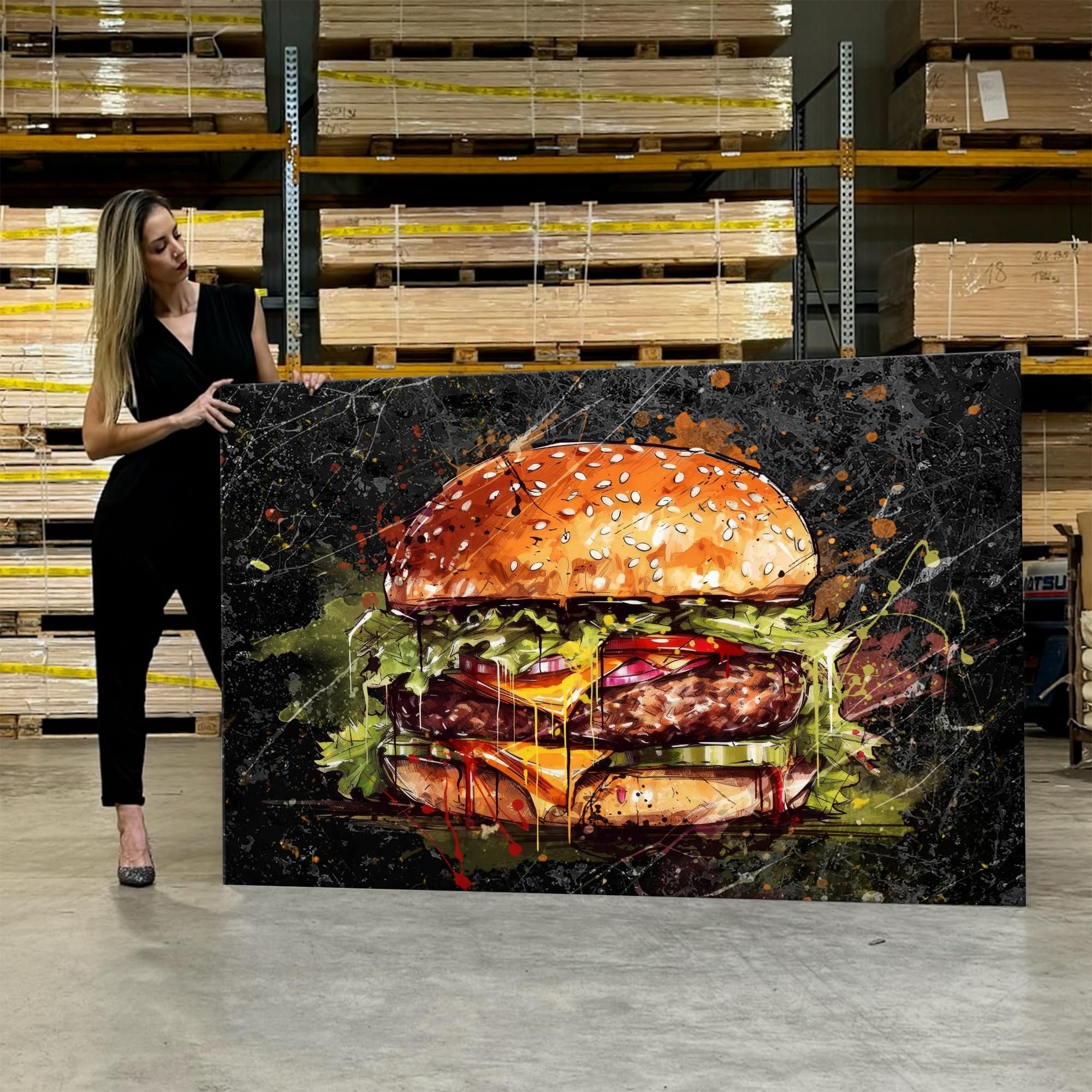 Artmazing | Burger Gemälde Bild bunt | S-Art Bilder | Burger Gemälde Bilder Modern | Leinwandbilder XXL Wohnzimmer | Wandbild Burger Gemälde Deko XXL | Bild Leinwand XXL | buntes Poster für Wand