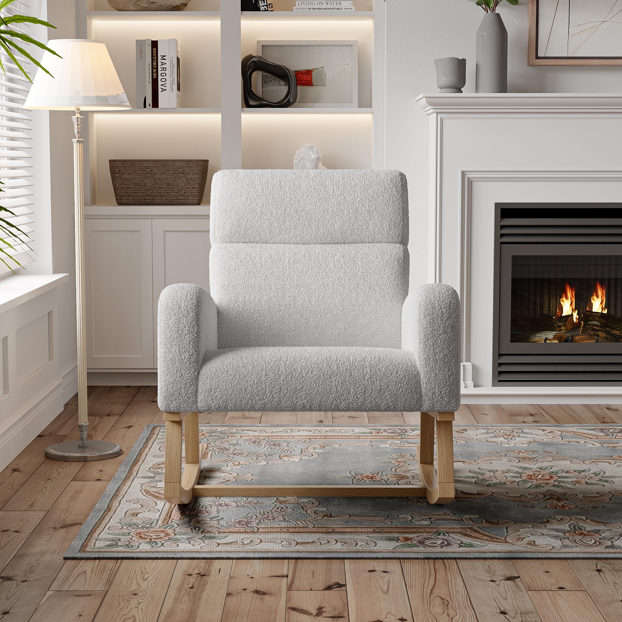 Mecedora para relajarse, sillón balancín, silla de lactancia, silla basculante con tejido de peluche y cojín lumbar y 2 bolsillos laterales, cómoda silla de lectura para salón (gris oscuro)