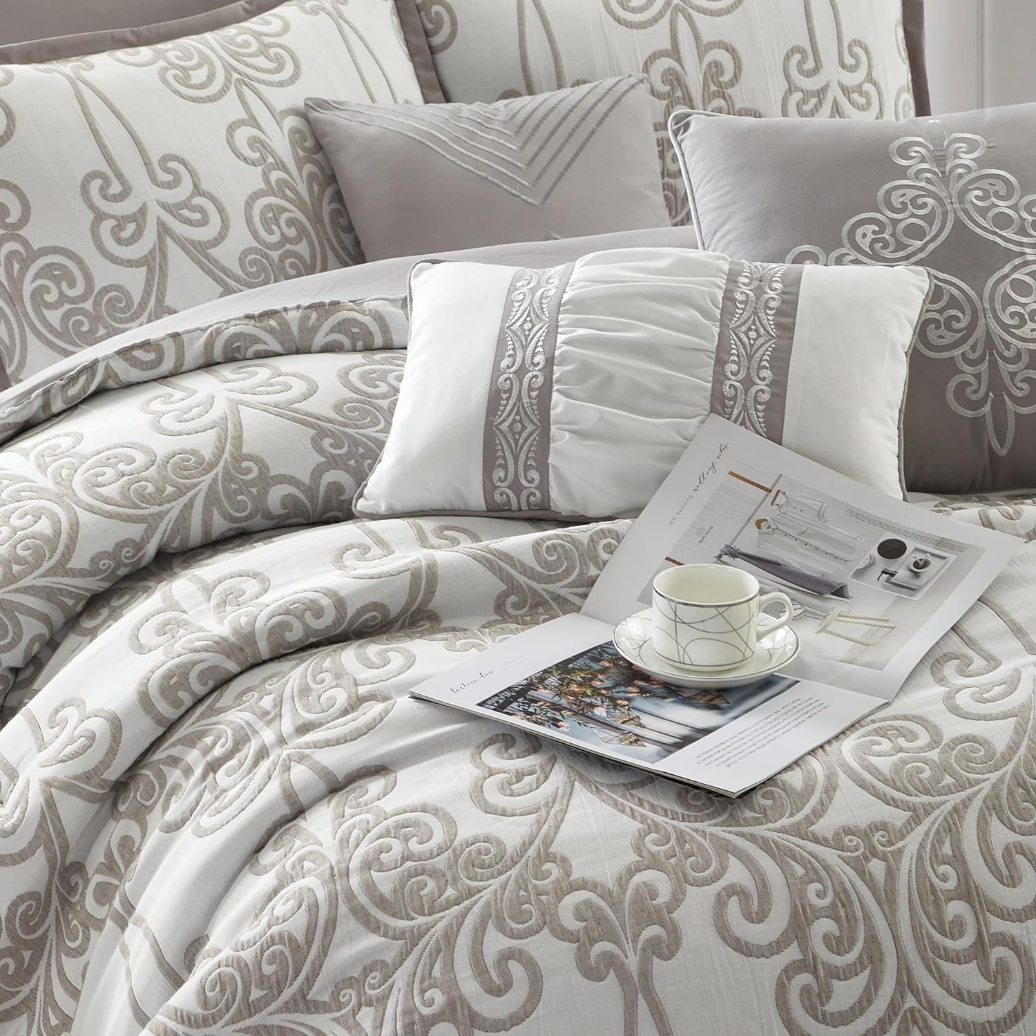 Stratford Park Smoke Grey Comforter Set California King Size, 9 Piece Jacquard Floral Bedding Set, All Season, Ultra-Soft, Matching Pillows & Shams, Bed Skirt