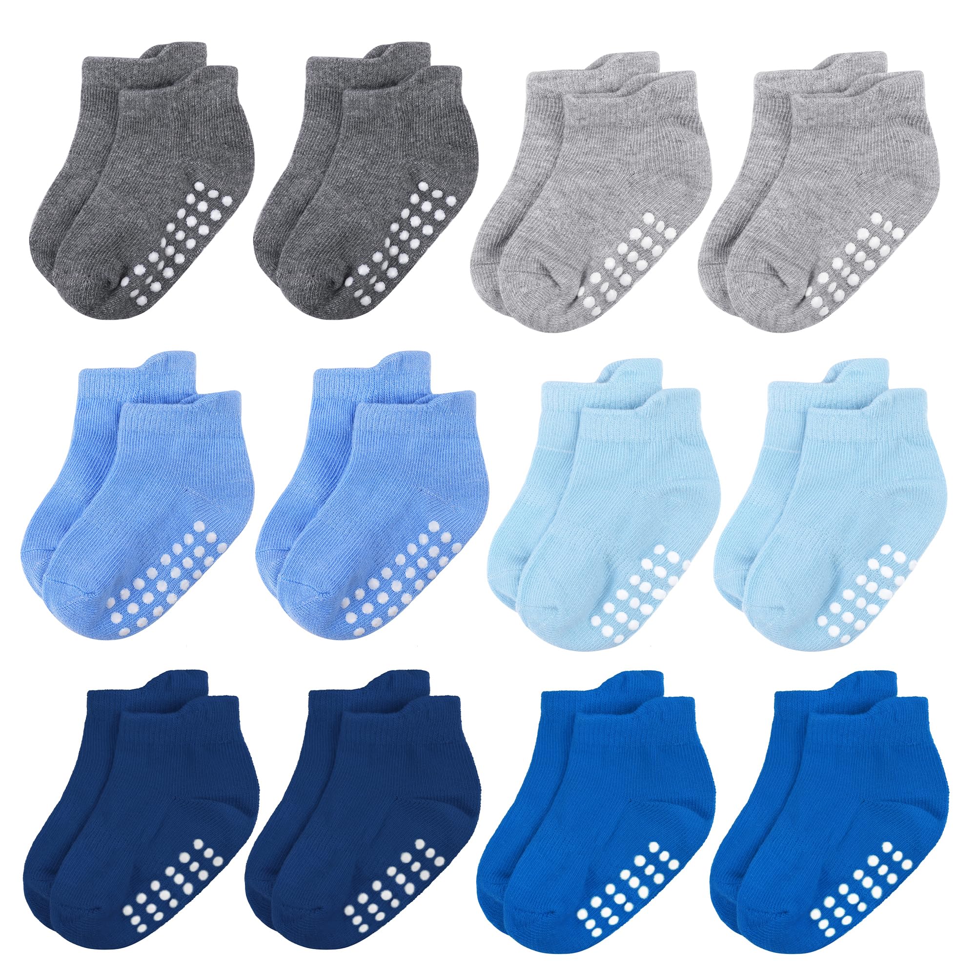 Jealkip 12 Pairs Baby & Toddler Cotton Non-Slip Ankle Socks - Gray, Light Gray, Blue, Light Blue, Sapphire Blue, Indigo (4-7 Years)