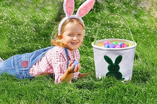 Miniatura 5 de Jolly Jon Bolsa de cesta de conejo de Pascua, colores de lentejuelas verdes a plateadas, cestas de caza de huevos de Pascua para niños, bolsas de
