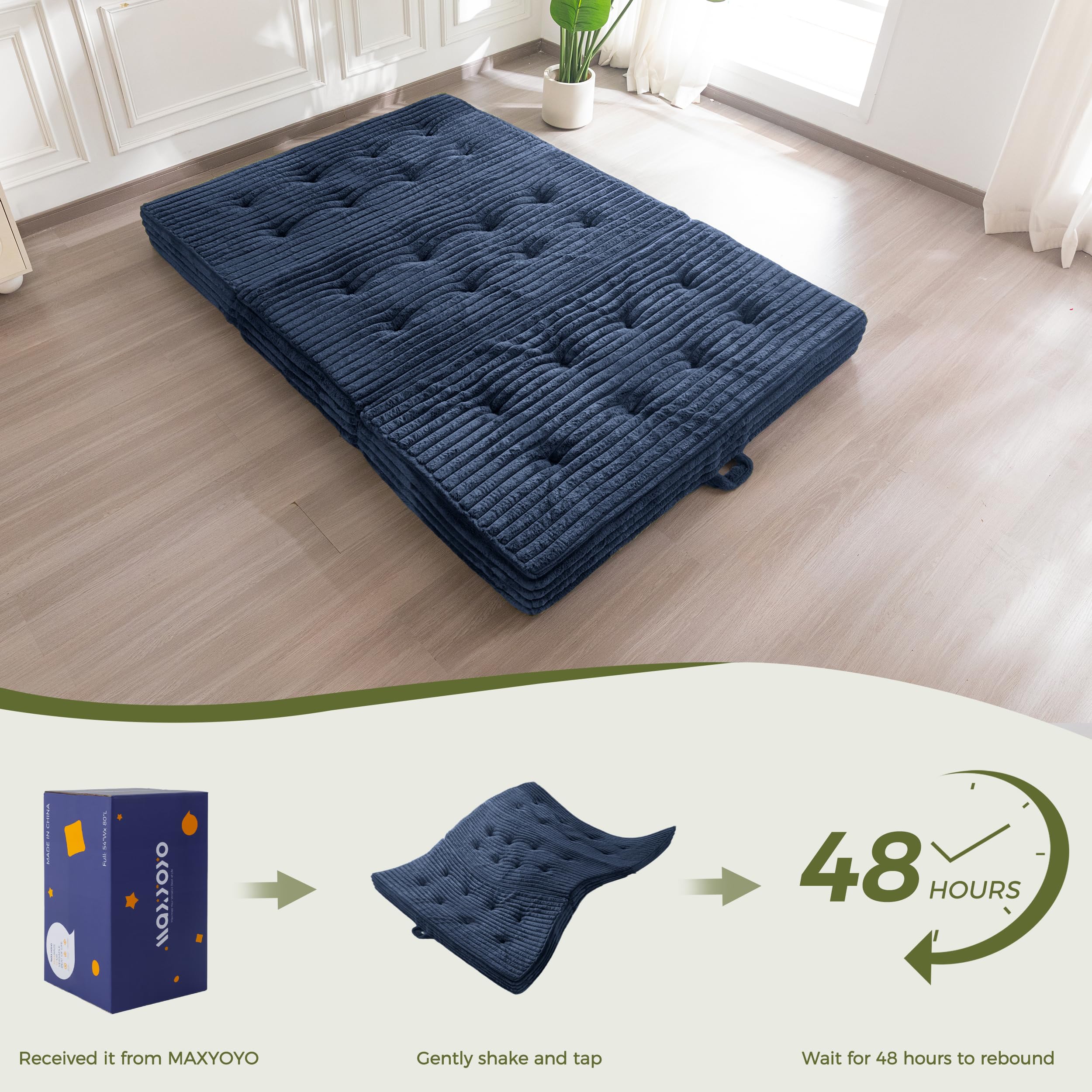 MAXYOYO Matelas składany 190*135*15cm, Matelas składany wypełniony 15 cm z powłoką z wysokiej jakości sztucznego futra, składany futon do salonu/pokoju gościnnego w trzech częściach