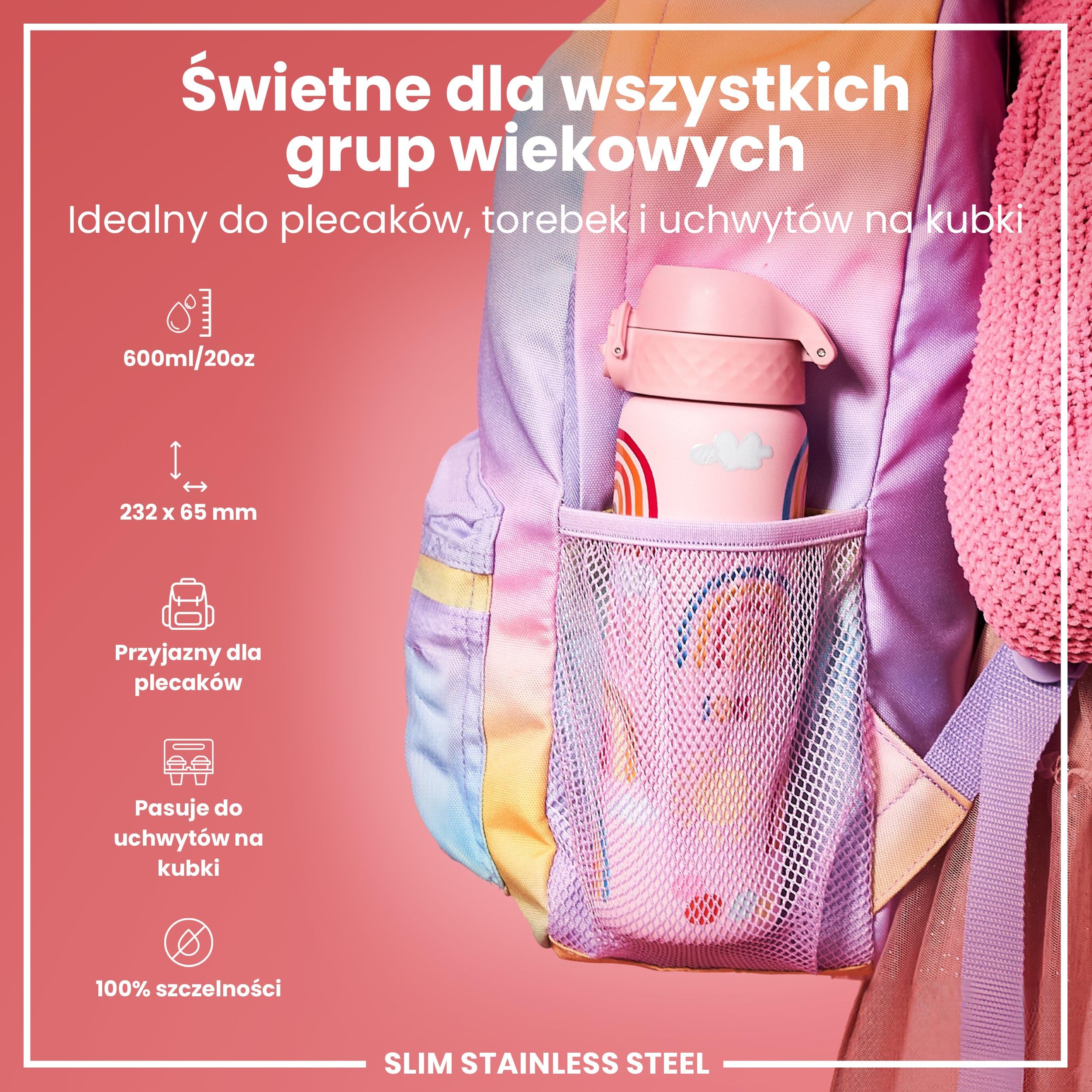 ION8 Butelka na Wodę ze Lekki Stali, 600 ml/20 oz, Nieocieplany, Szczelna, Łatwe Otwieranie, Bezpieczny Zamek, Można Myć w Zmywarce, Higieniczne Pokrycie, Składany Uchwyt, Tęcze