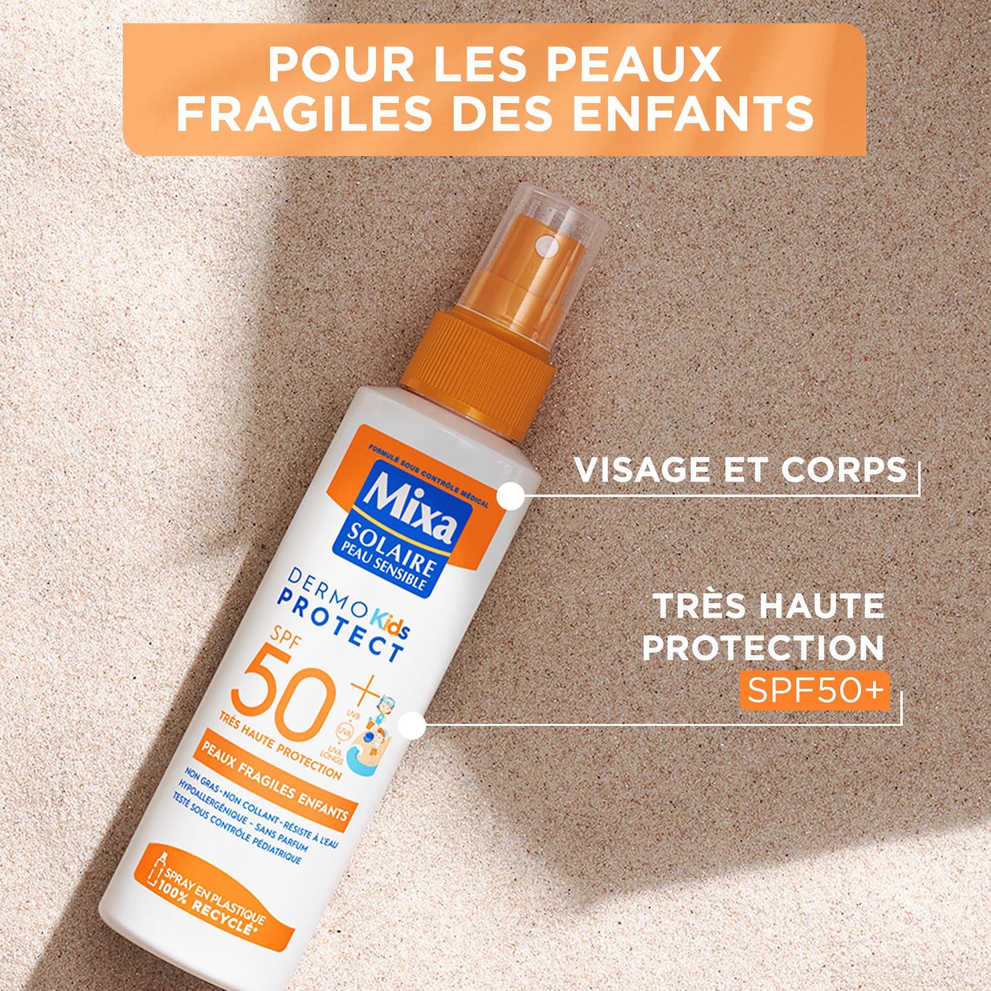Mixa Solaire Peau Sensible - Spray Solaire Très Haute Protection SPF50+ UVA, UVA longs, UVB - Peaux Fragiles Enfants - Résistant à l'Eau - Anti-sable - Hypoallergénique, Sans Parfum - 150ml