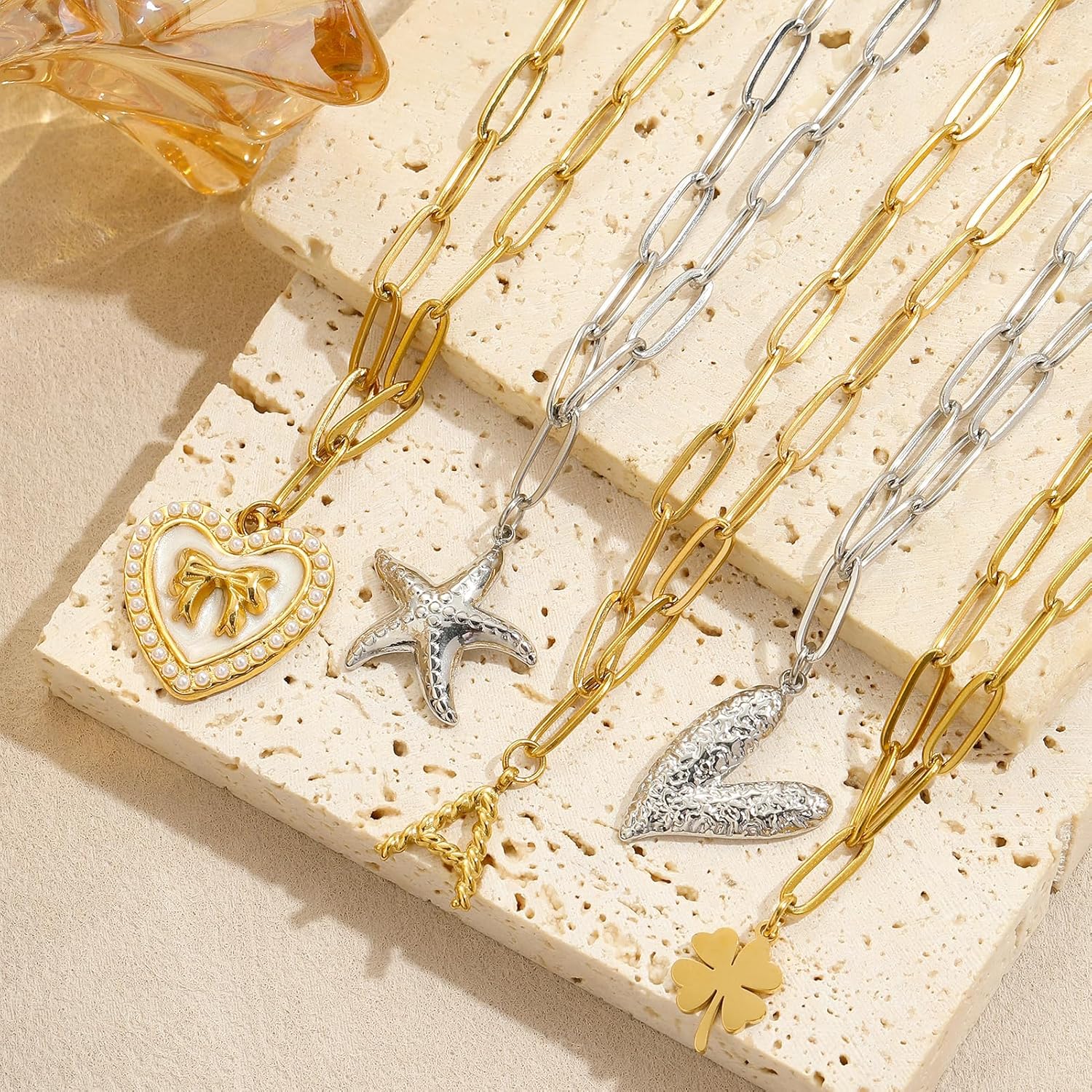 Swyabi 10 PCS Paperclip Chain Necklace Kit 18Inch Stainless Steel Charm Bulk Chains with Extender for DIY Jewelry Making Supplies Accessories (Gold + Steel) - Image 3