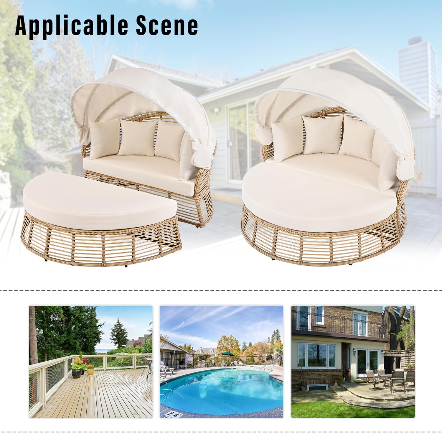 Merax Outdoor Chaise Lounge Daybed for Outside Patio Furniture Wicker with Retractable Canopy Recliner Yellow Rattan Sunbathing Lounger Sofa Sunbed Pool Reclining Sunbed, Khaki Cushion