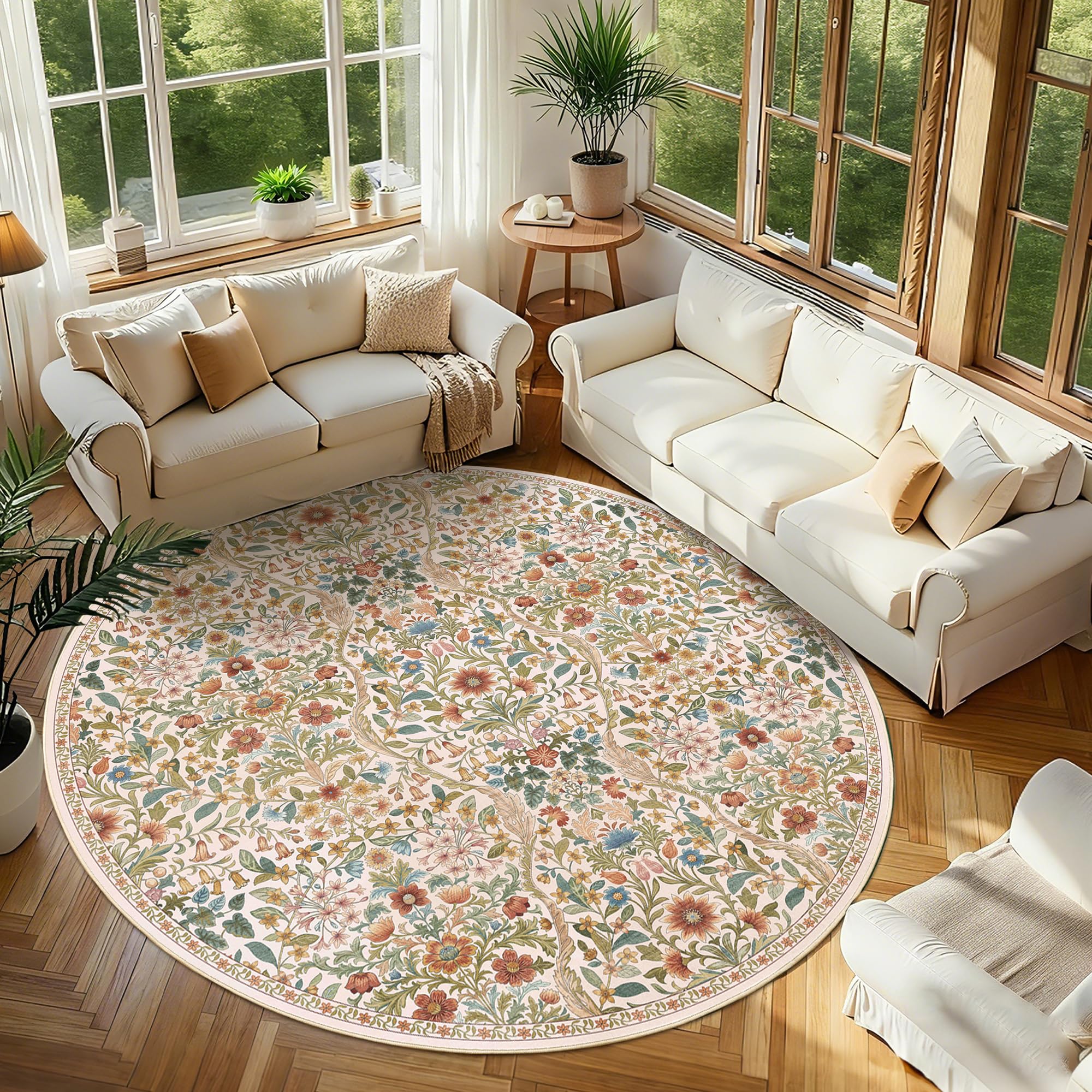 Round Rug 8ft Floral Circle Rug Beige Botanical Indoor Area Rugs
