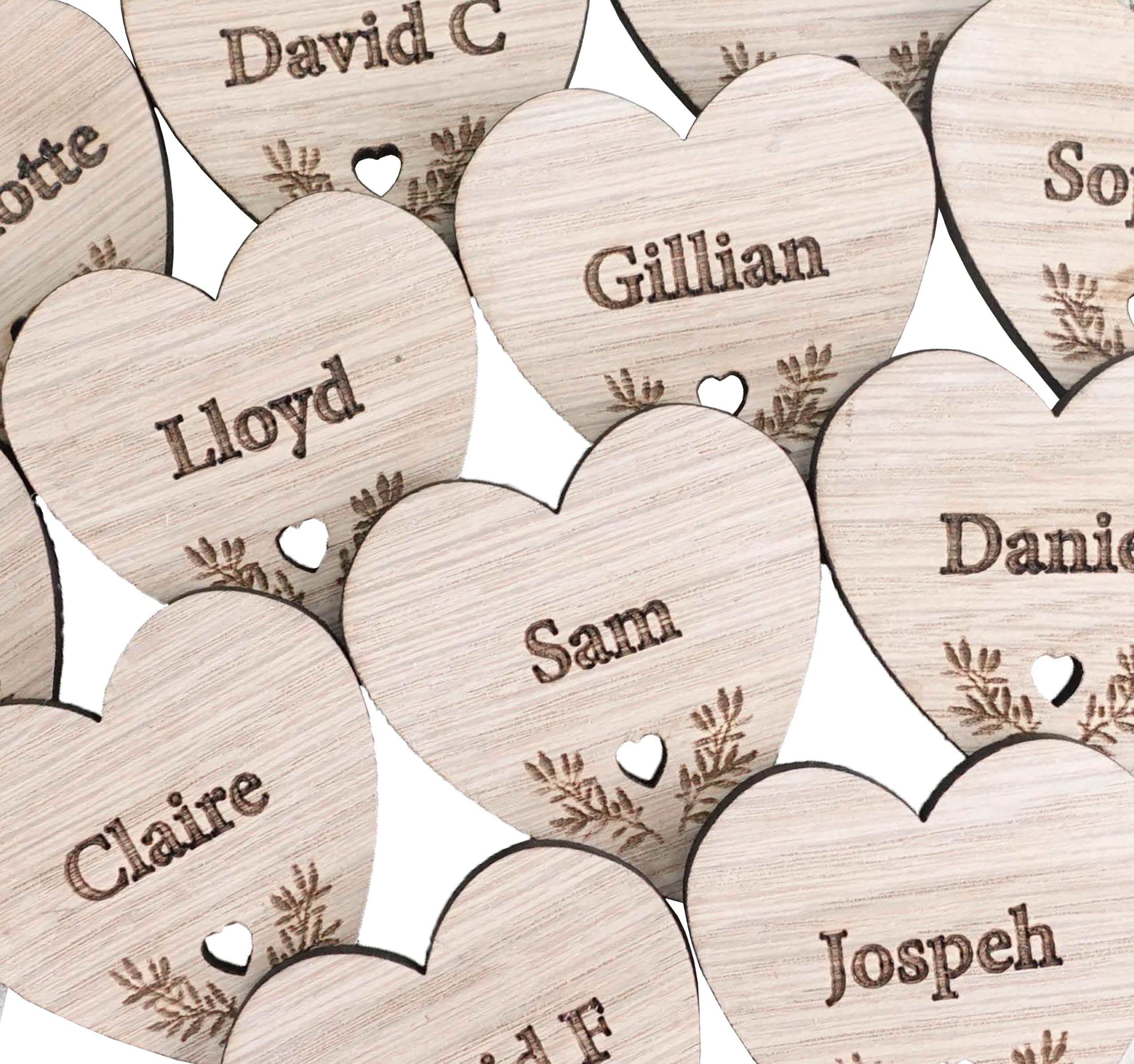 Wedding table place names | Wooden heart place setting (5cm Oak MDF, 60 Hearts)