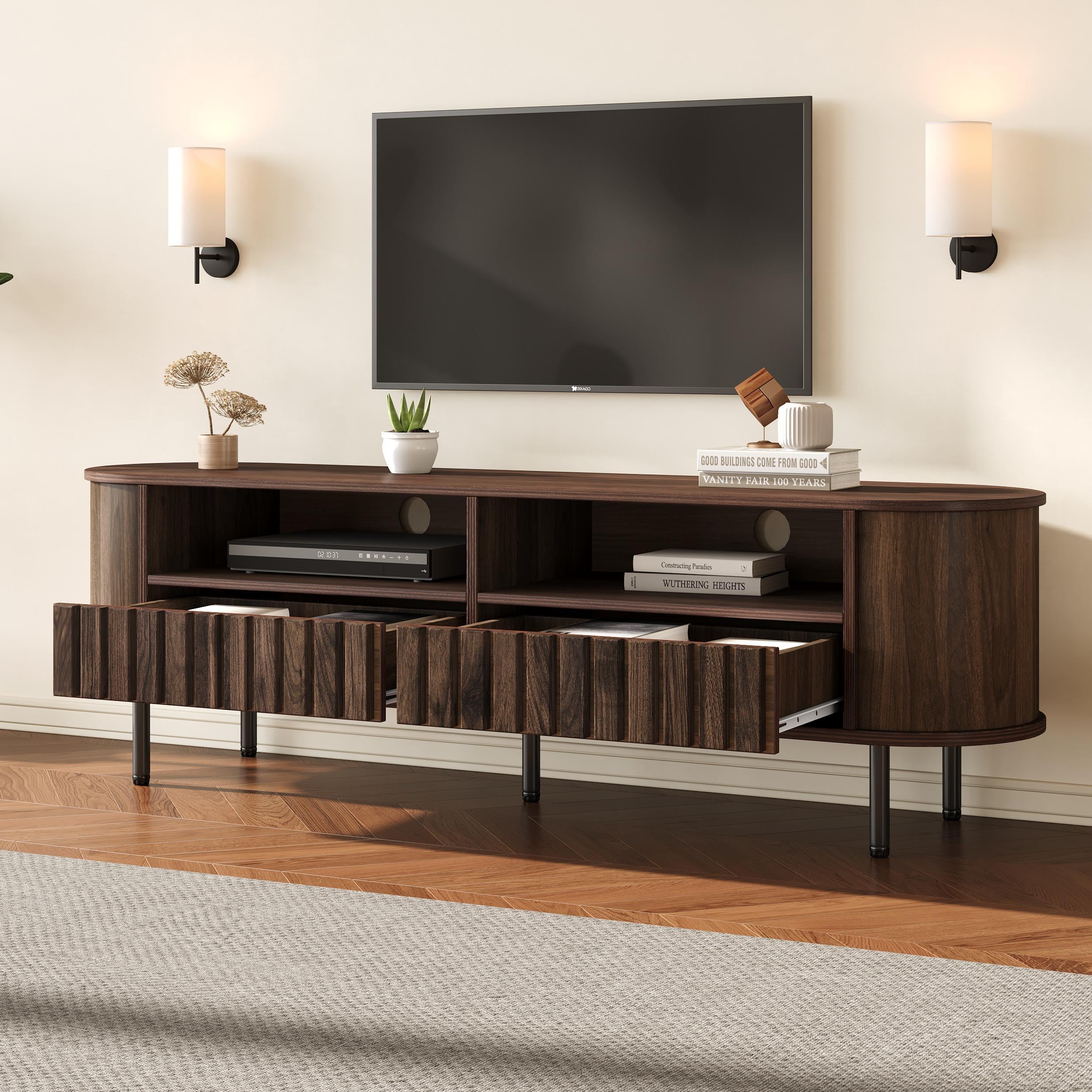 Fernsehschrank für 65 Zoll TV, Lowboard mit Schubladen & 5 Metallbeinen, Wohnzimmermöbel in Walnuss-Optik mit Stauraum, 160 x 40 cm, MDF, modern & stabil