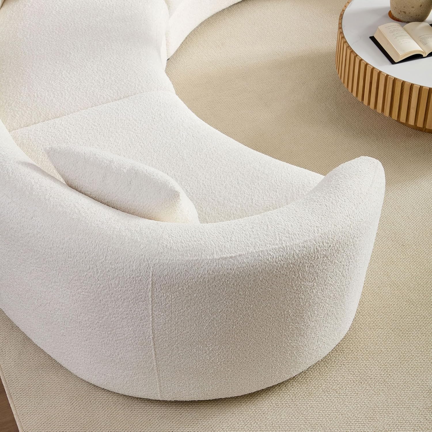 Oversized Curved Sectional Sofa, Mid-Century Style Couch with 5 Pillows, Beige Boucle Fabric