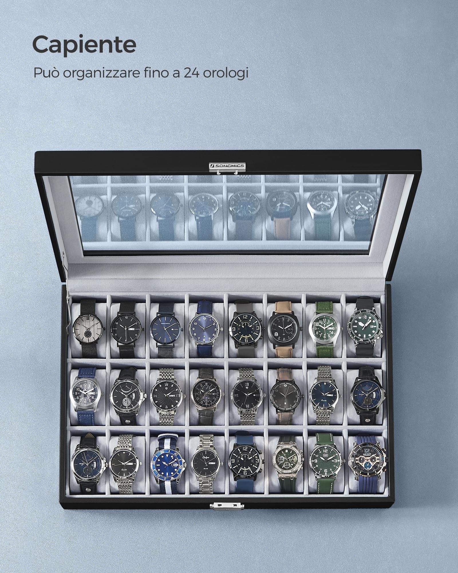 SONGMICS Porta Orologi, Scatola Portaorologi con 24 Posti, Coperchio in Vetro, Custodia per Orologi, Idea Regalo, Superficie Nera Inchiostro, Interno Grigio Tortora JWB024