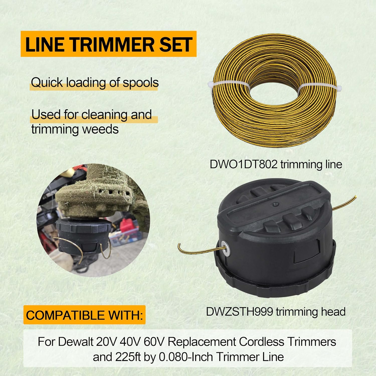 2025 Upgrade DWZSTH999 Quickfeed String Trimmer Head for Dewalt 20V 40V 60V Replacement Cordless Trimmers and DWO1DT802 Trimmer Line 225ft by 0.080-Inch