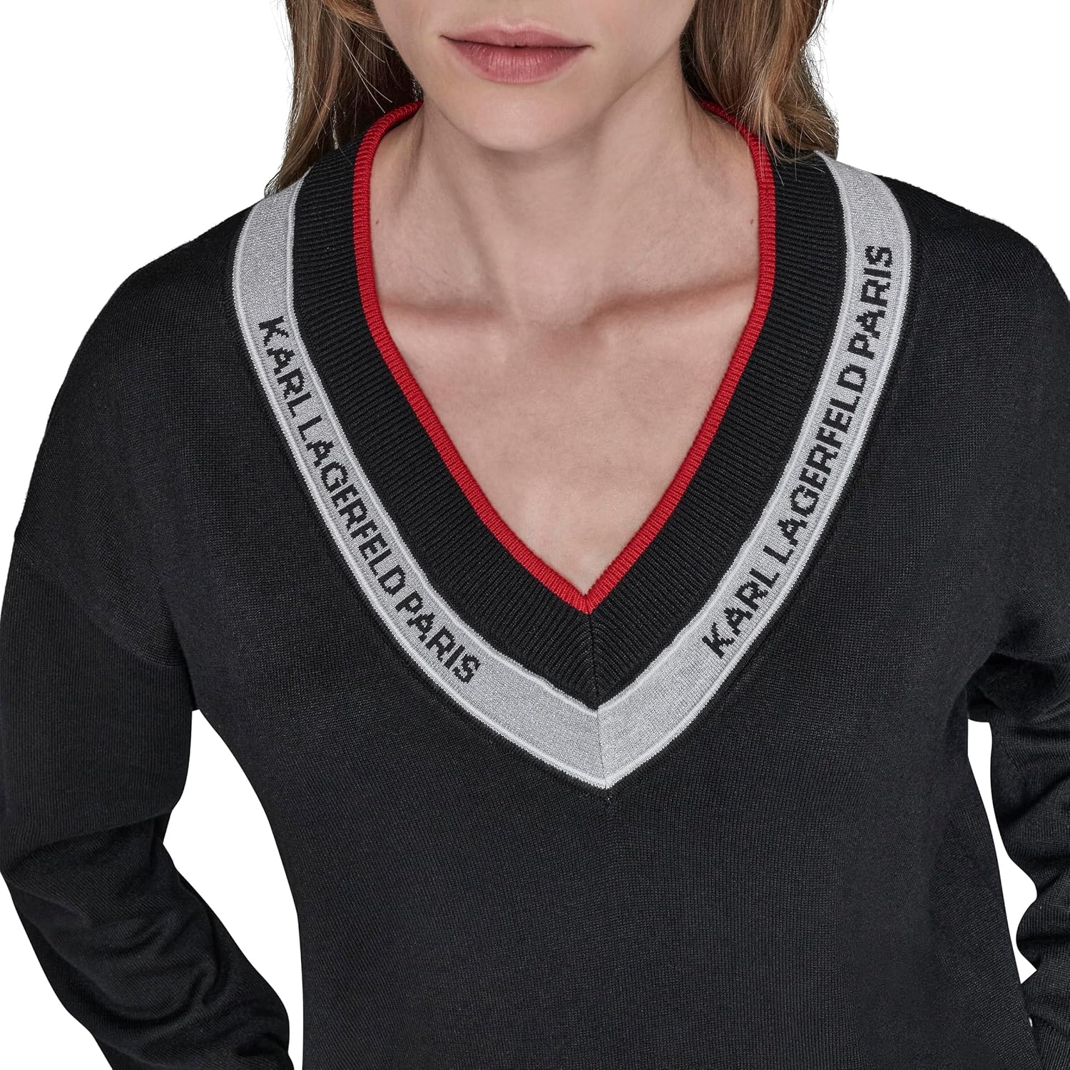 Karl Lagerfeld Women's Long Sleeve V-Neck Logo Tape Sweater